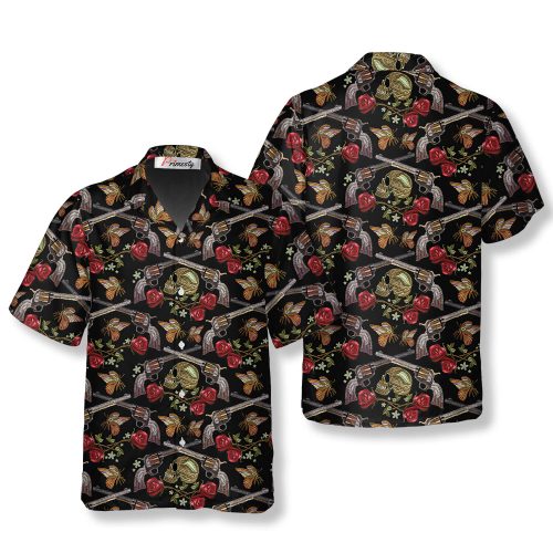 Skull Crossed Gun, Butterfly, Roses Pattern Gun Shirts for Men Gun ...