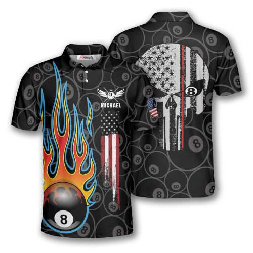 Billiards Pool Flame 8 Ball USA Flag Custom Billiard Shirts for Men ...