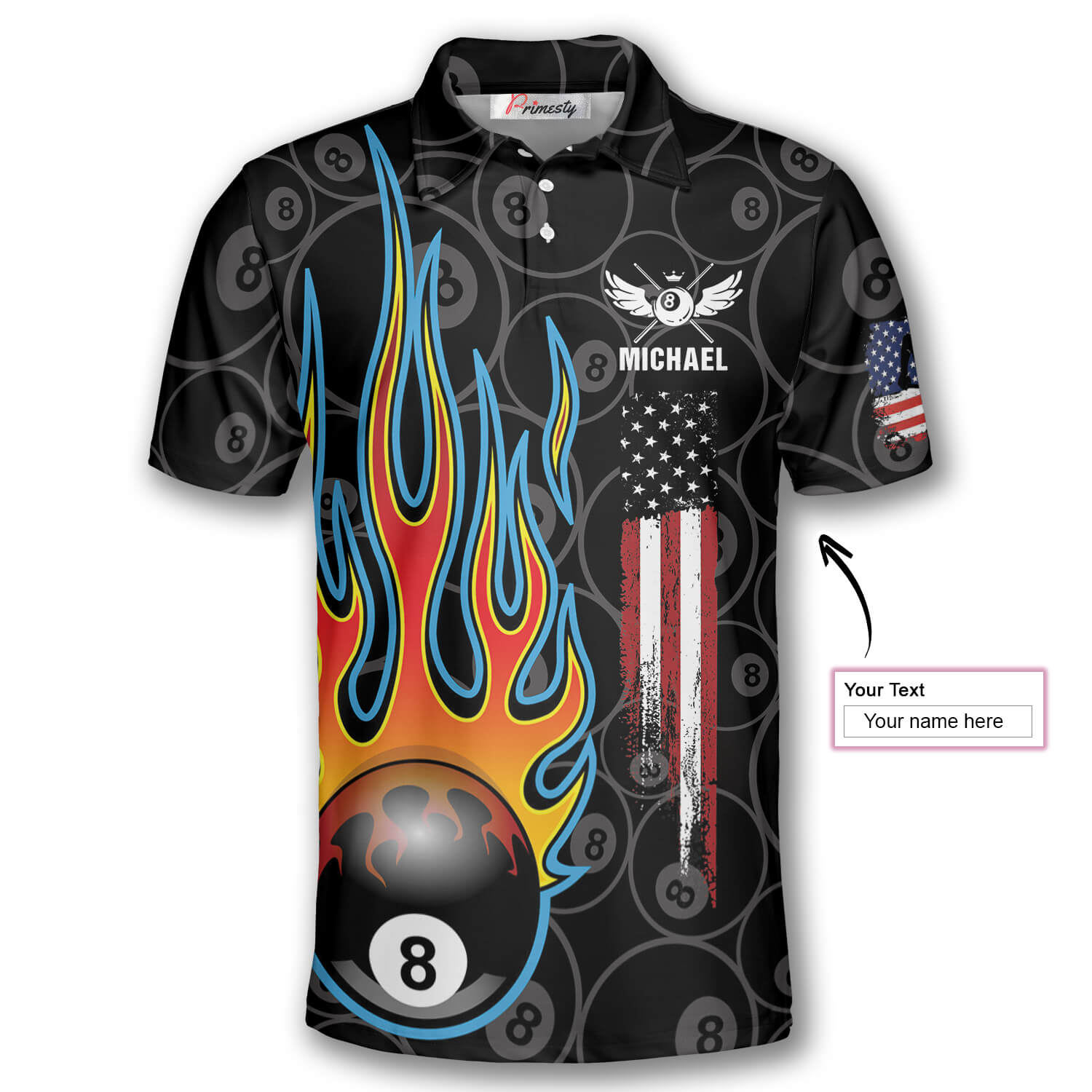 Billiards Pool Flame 8 Ball USA Flag Custom Billiard Shirts for Men ...