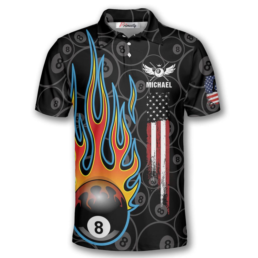 Billiards Pool Flame 8 Ball USA Flag Custom Billiard Shirts for Men ...