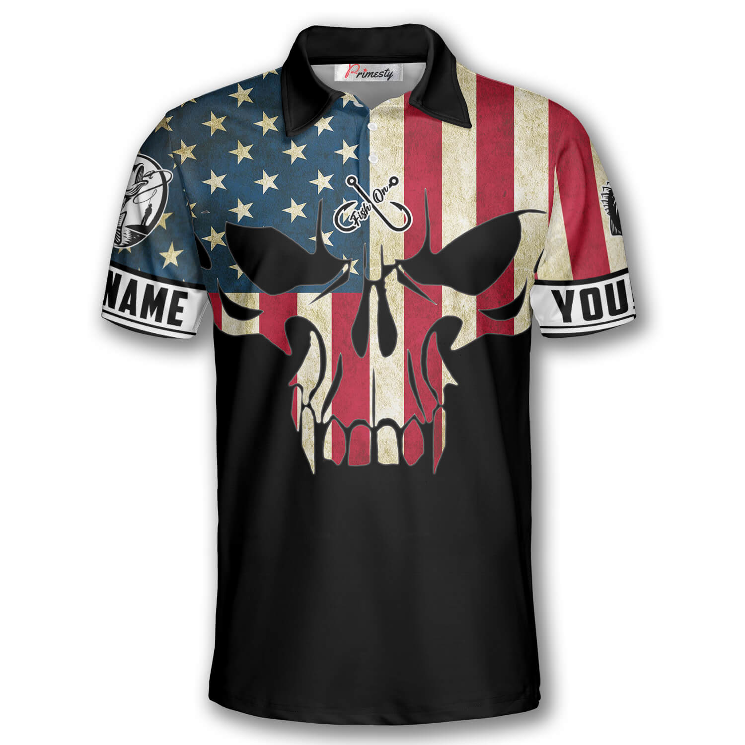 Fish on Skull American Flag Custom Fishing Shirts for Men - Primesty