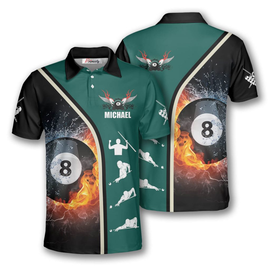 Billiards Fire Flame Green Black Custom Billiard Shirts for Men - Primesty