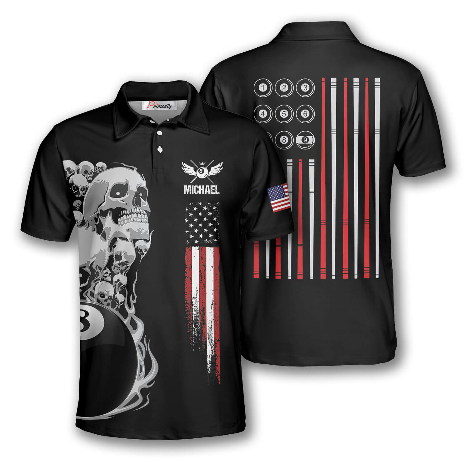 Billiards Skull American Flag Patriotic Custom Billiard Shirts for Men ...