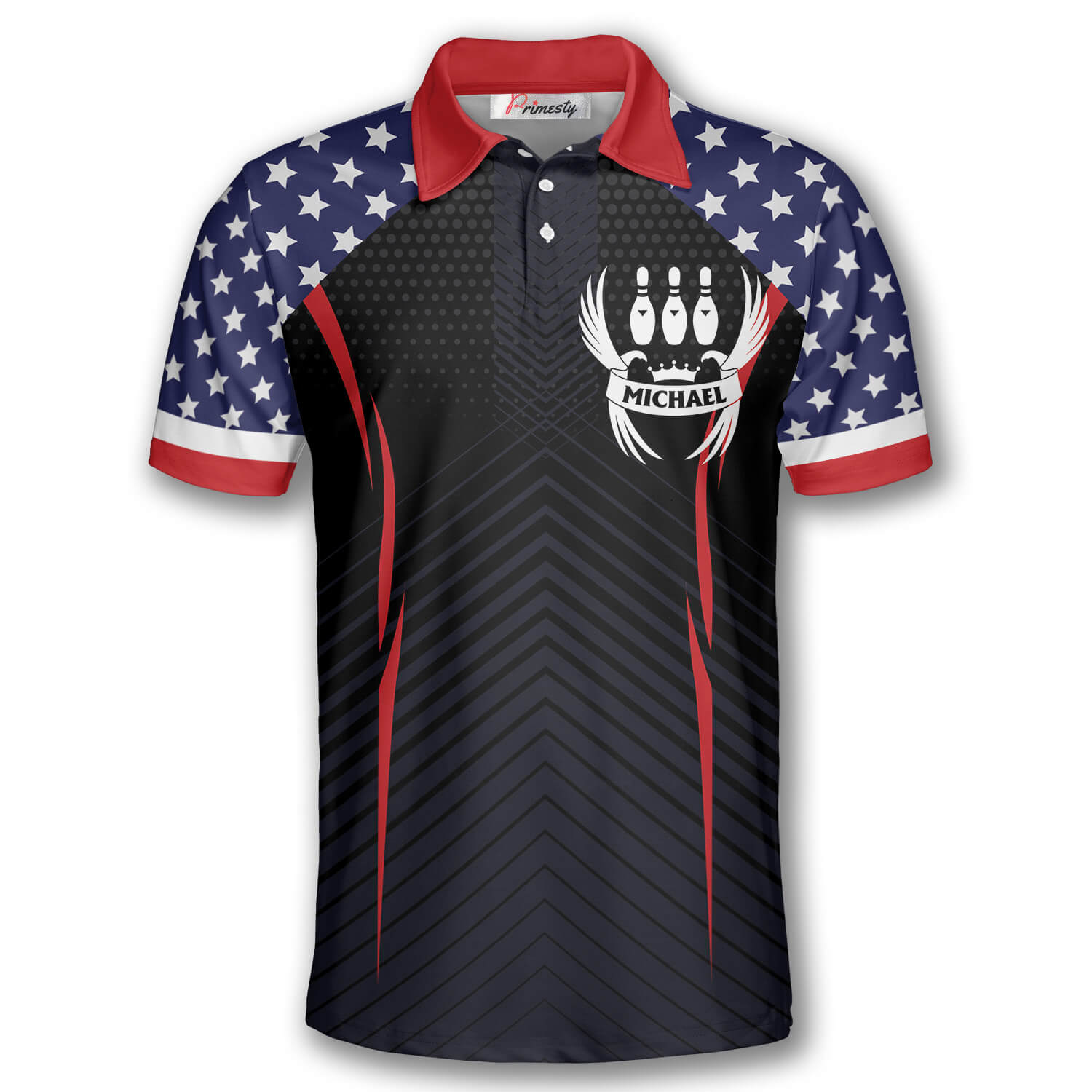 Red Grey Camo American Flag Custom Bowling Jersey Design | YoungSpeeds Polo Zip