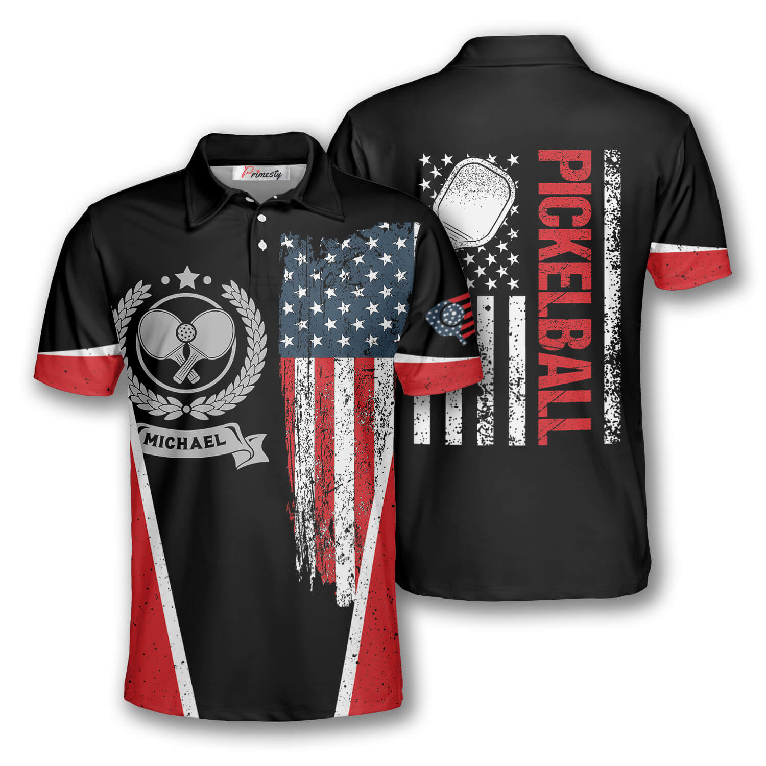 Pickleball Emblem American Flag Custom Pickleball Shirts for Men - Primesty