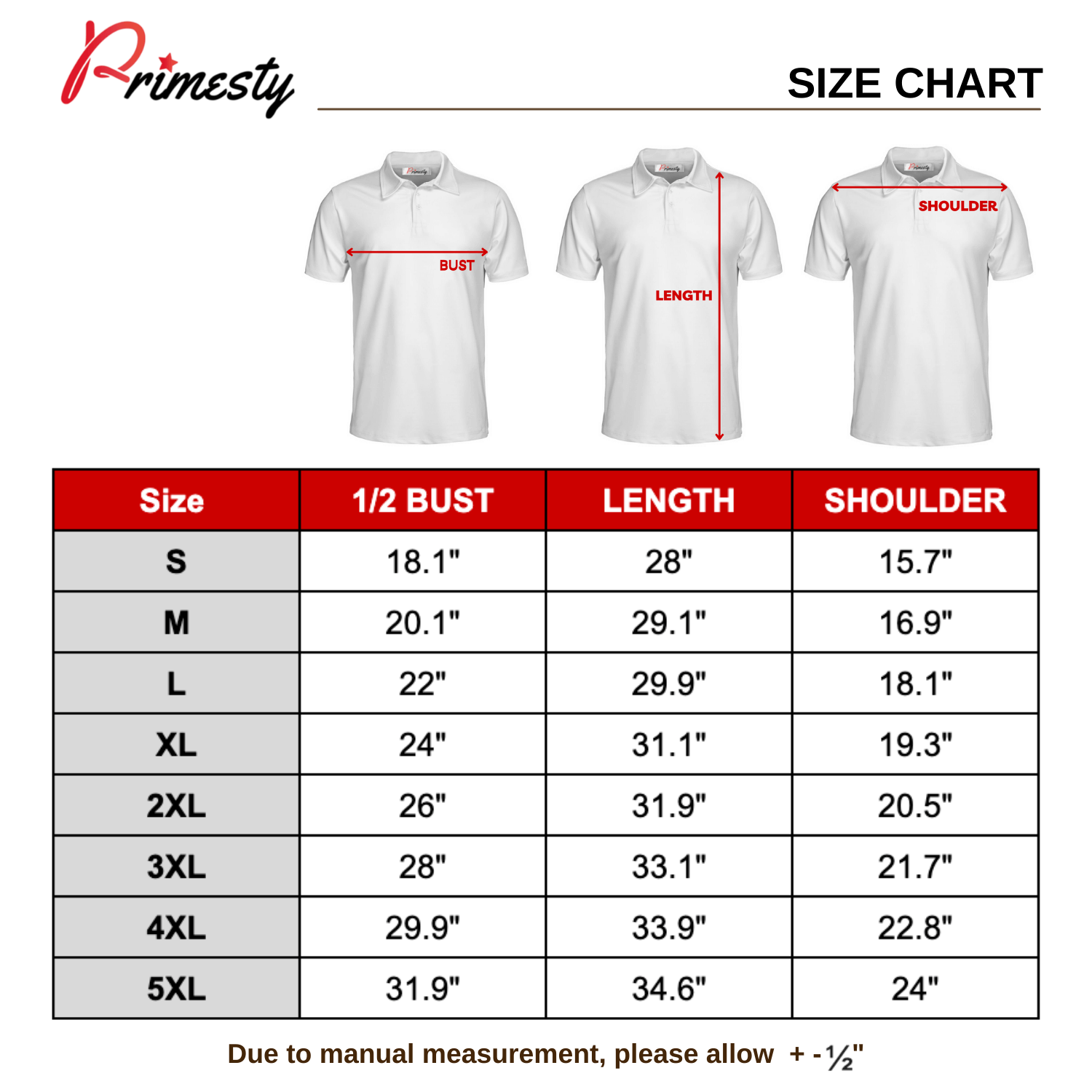 Polo Shirt Size Chart