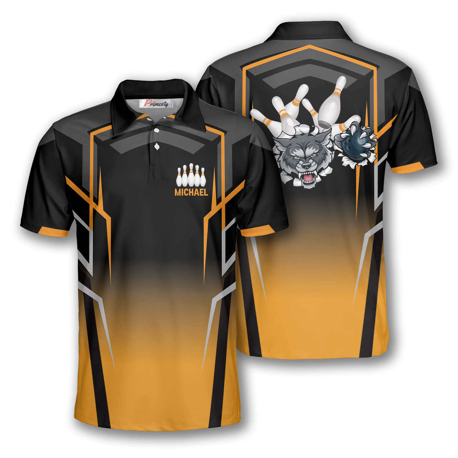 Bowling Wolf Orange Black Custom Bowling Shirts for Men - Primesty