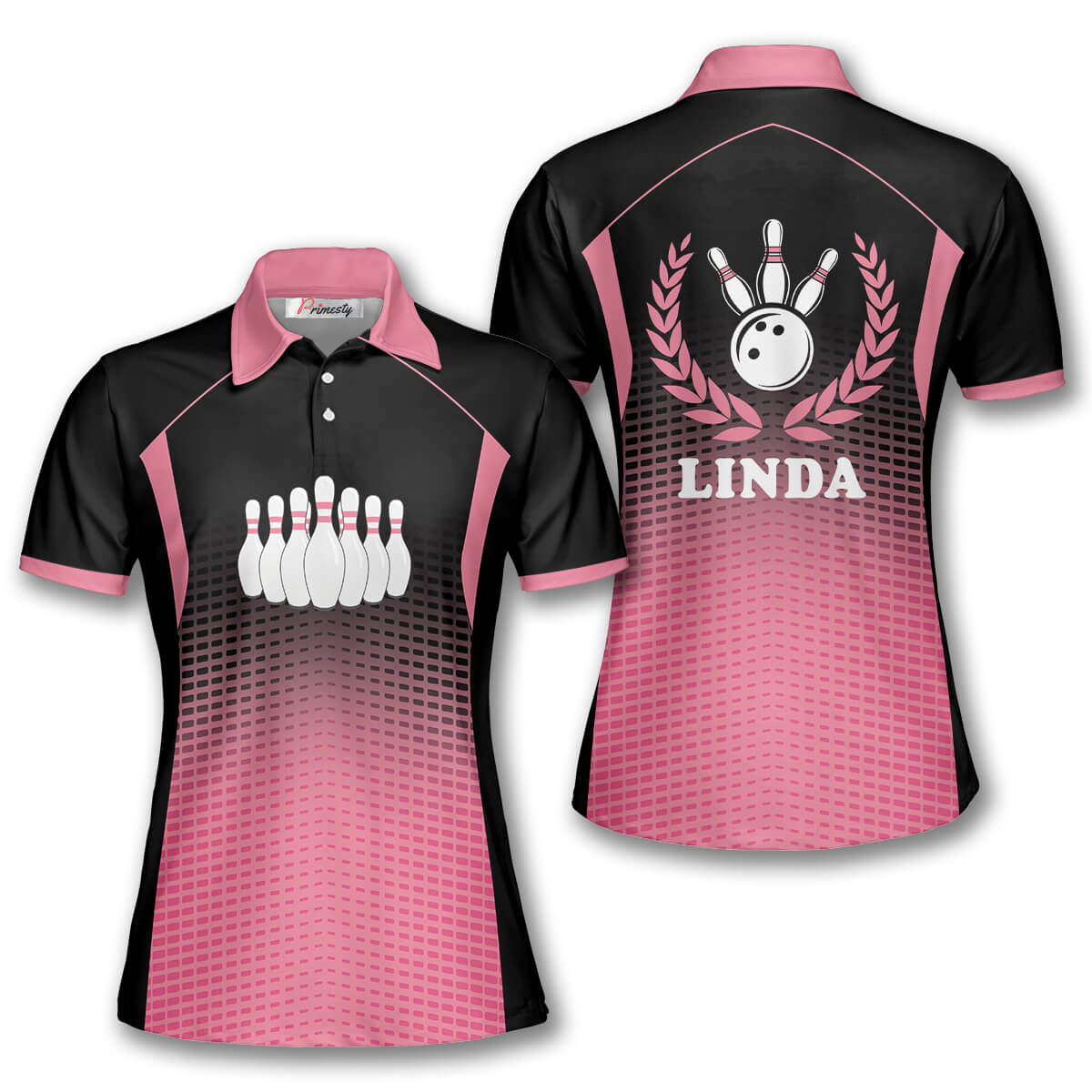 Personalized Bowling Black Pink Emblem Custom Polo Shirts For Women Mockup FB 