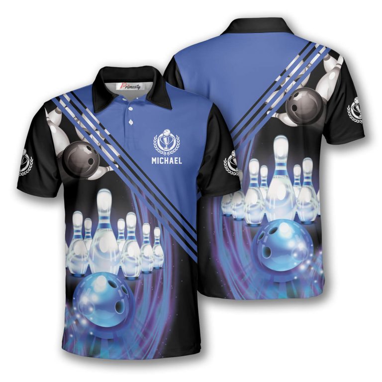 Bowling Blue Black Custom Bowling Shirts for Men - Primesty