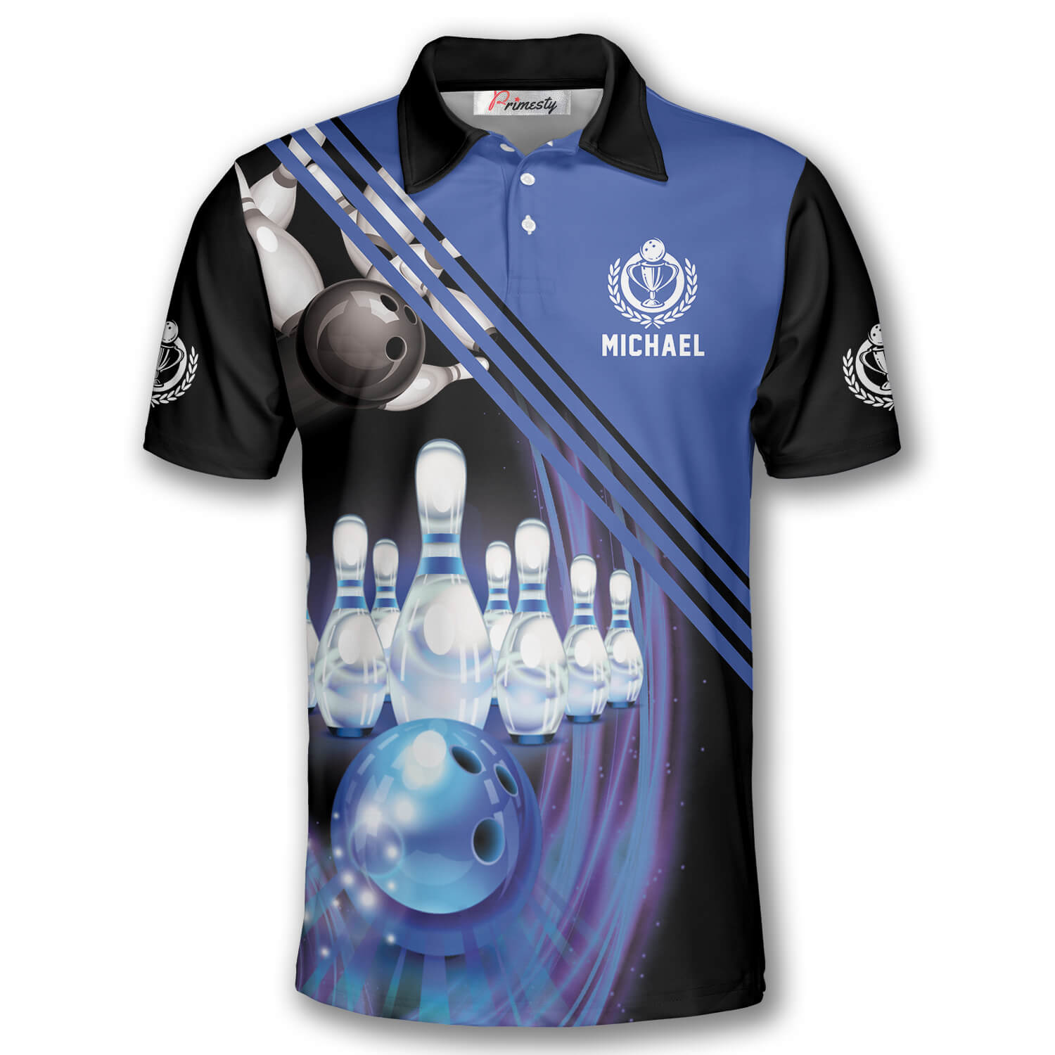 Bowling Blue Black Custom Bowling Shirts for Men - Primesty
