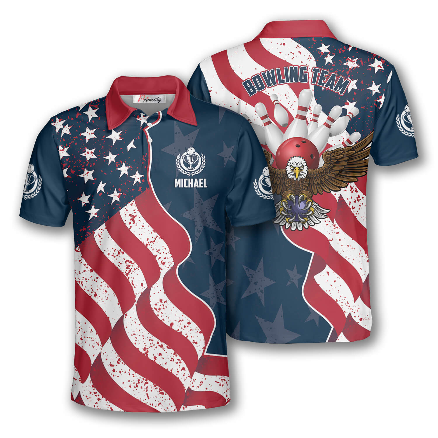 Bowling Eagle Waving Flag Custom Bowling Shirts for Men - Primesty