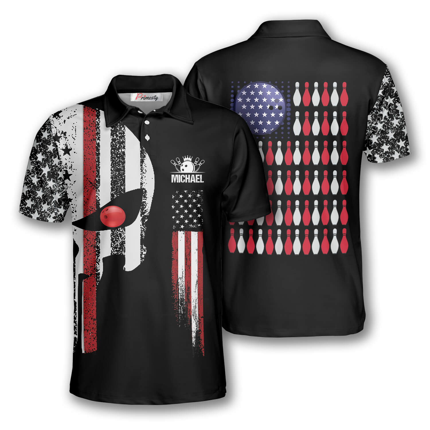Bowling Punisher Skull American Flag Custom Bowling Shirts for Men ...