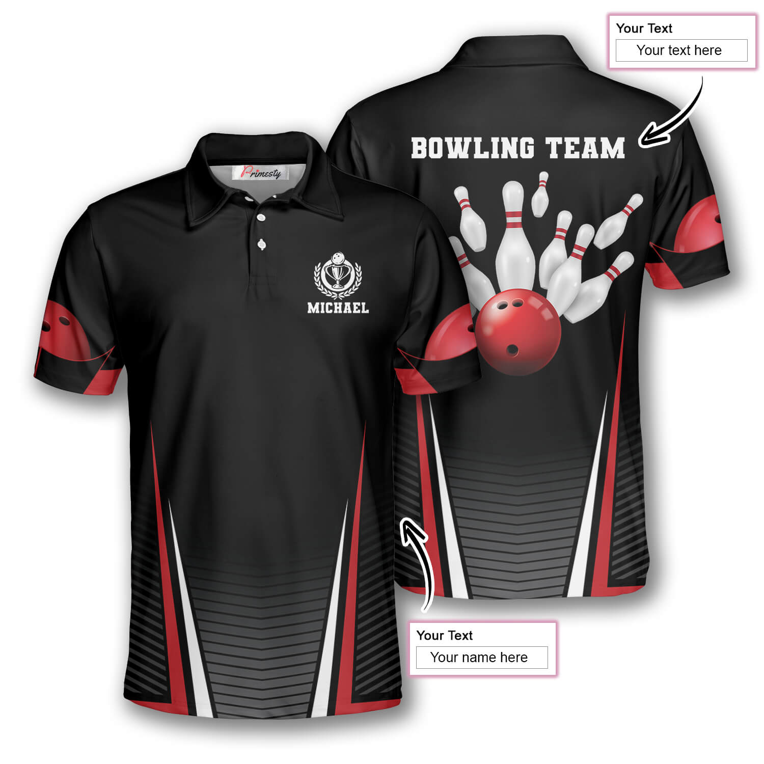 Bowling Strike Red Black Custom Bowling Shirts for Men - Primesty