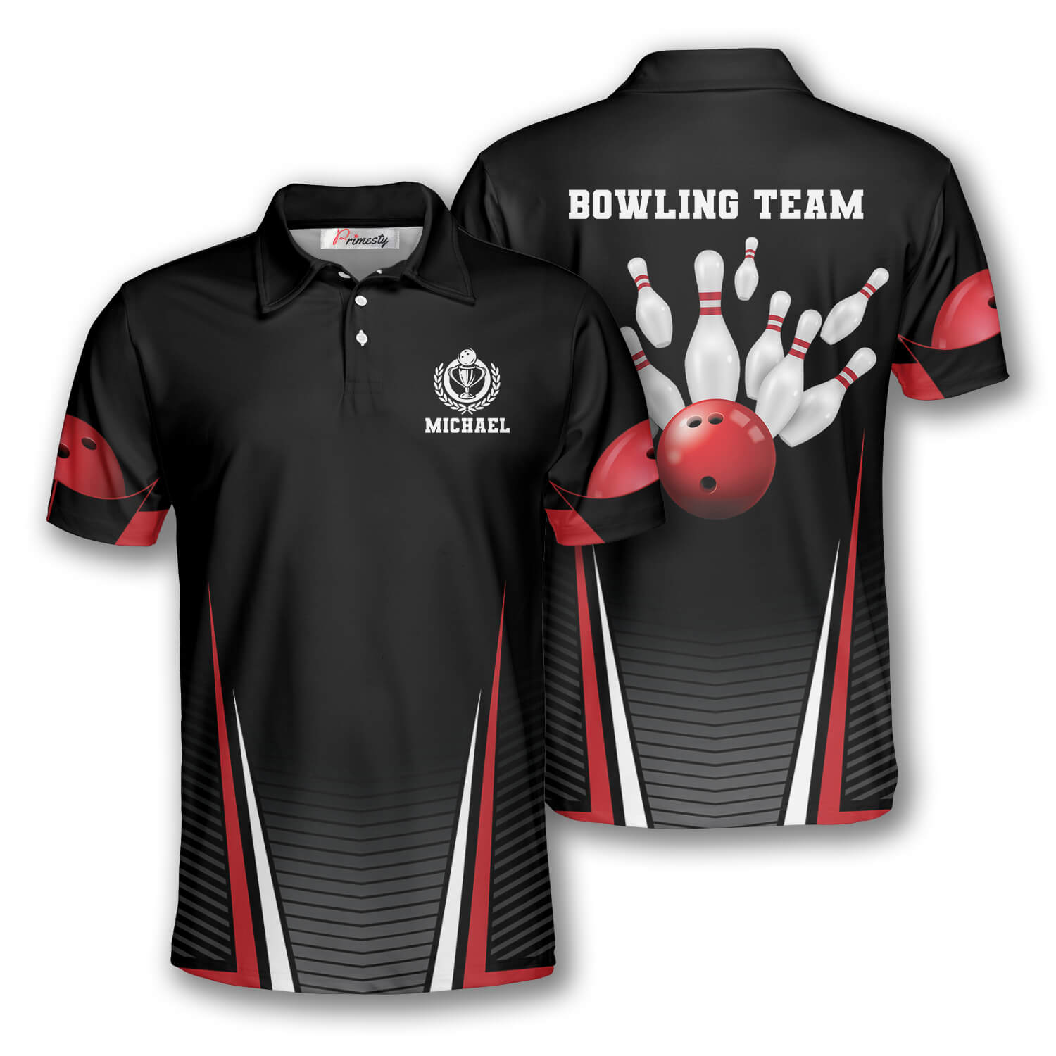 Personalized Bowling Strike Red Black Version Custom Polo Shirt Mockup FB 