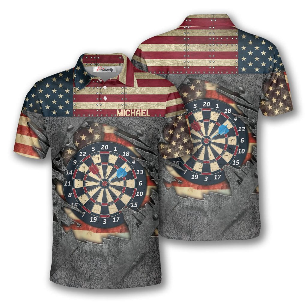 Custom White USA Flag Grunge Dart Men Polo Shirt, Custom Patriotic Darts Team Shirts DZ0003 main image 1