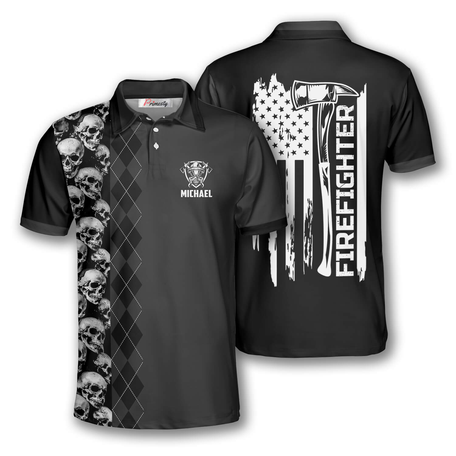 Firefighter Skull Flag Argyle Pattern Custom Firefighter Shirts for Men ...
