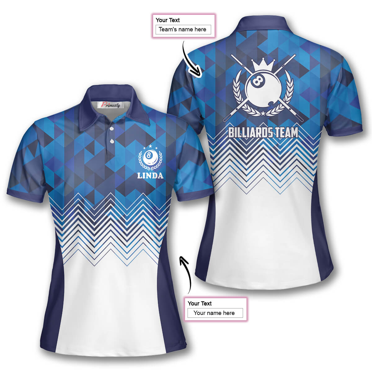 Billiard Blue Geometric Pattern Custom Billiard Shirts for Women - Primesty