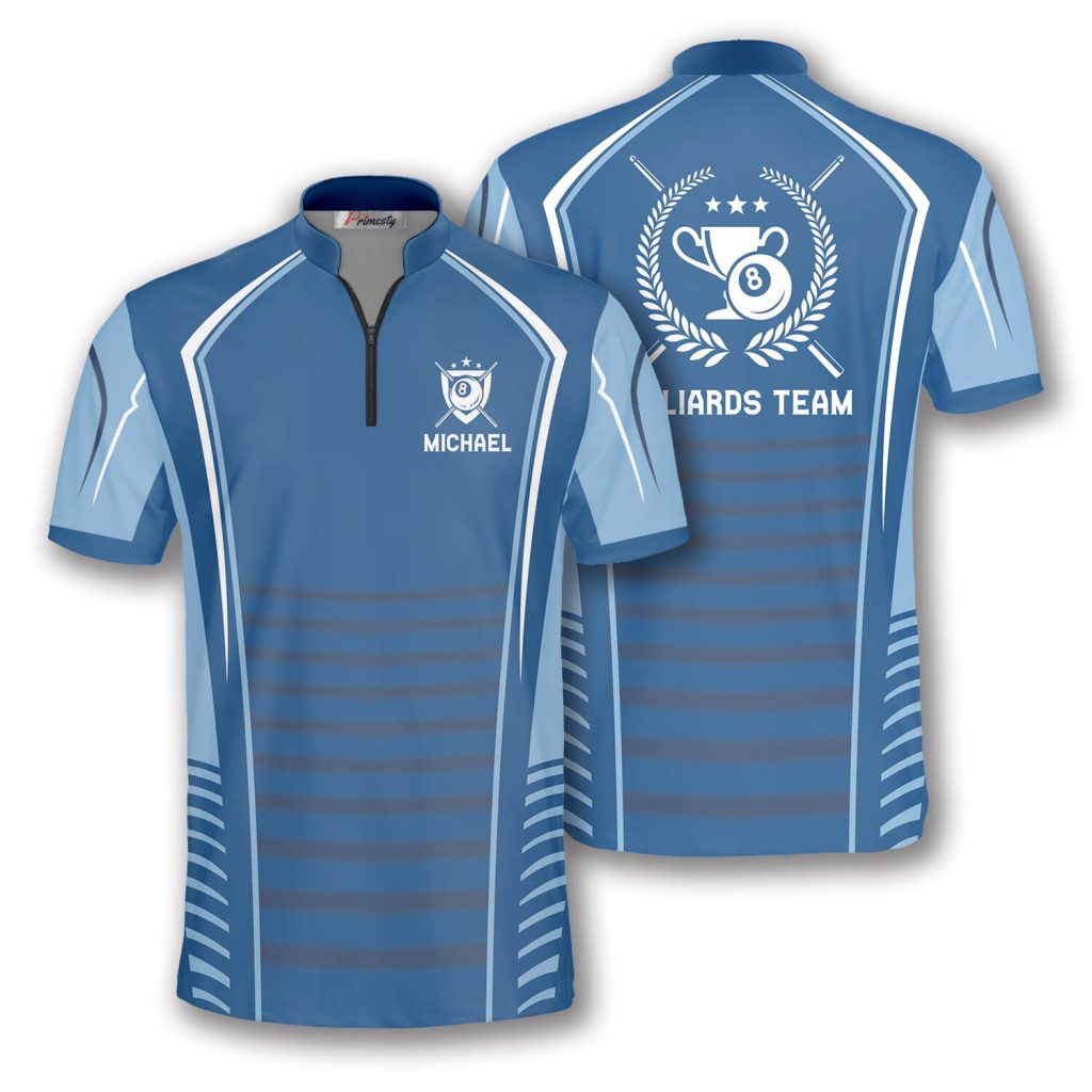 Light Blue Trophy Emblem Custom Billiard Jerseys for Men - Primesty