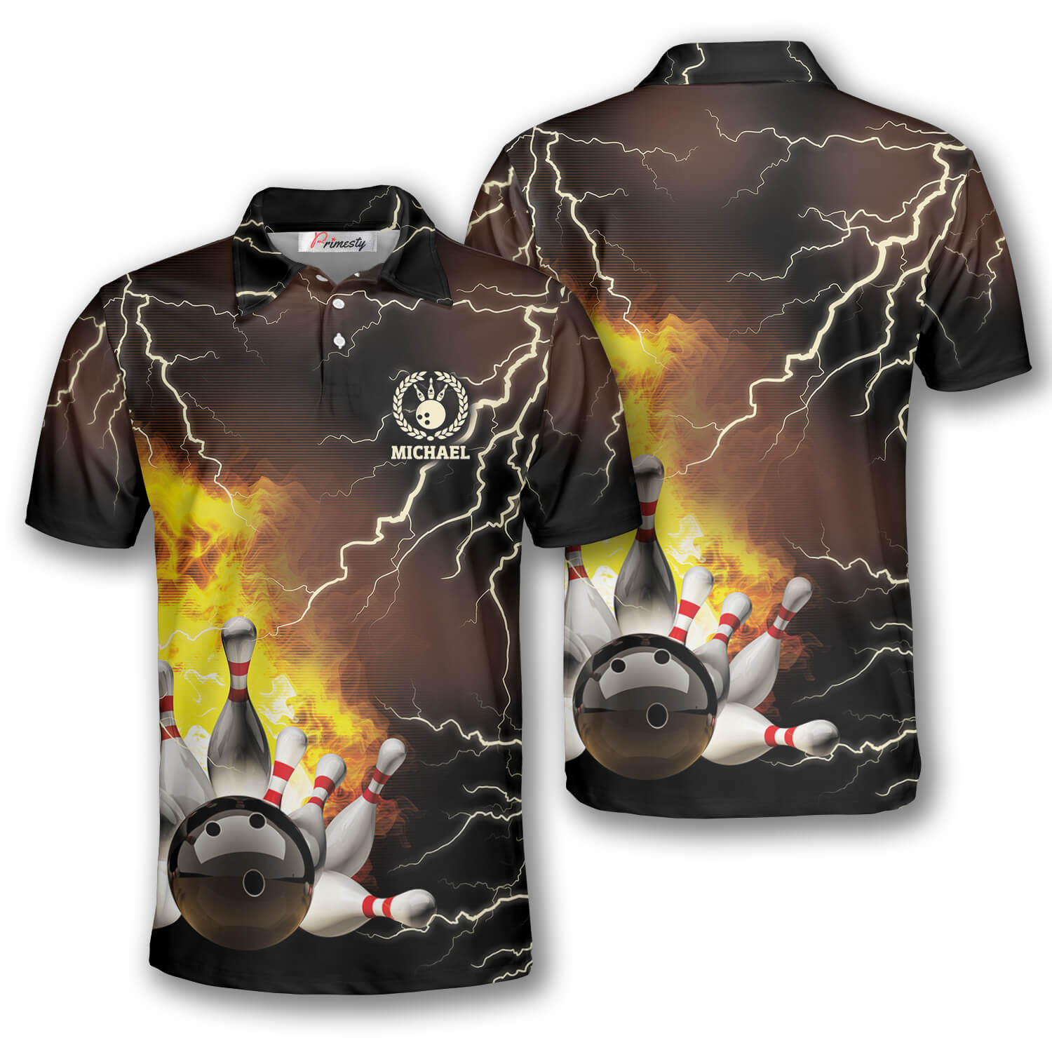 Bowling Ball Pins on Fire Custom Bowling Shirts for Men - Primesty