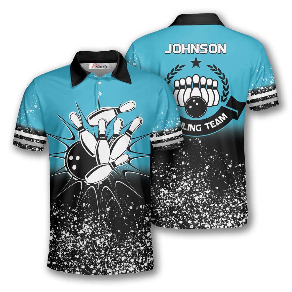 Bowling Light Blue Paint Splash Custom Bowling Shirts For Men - Primesty