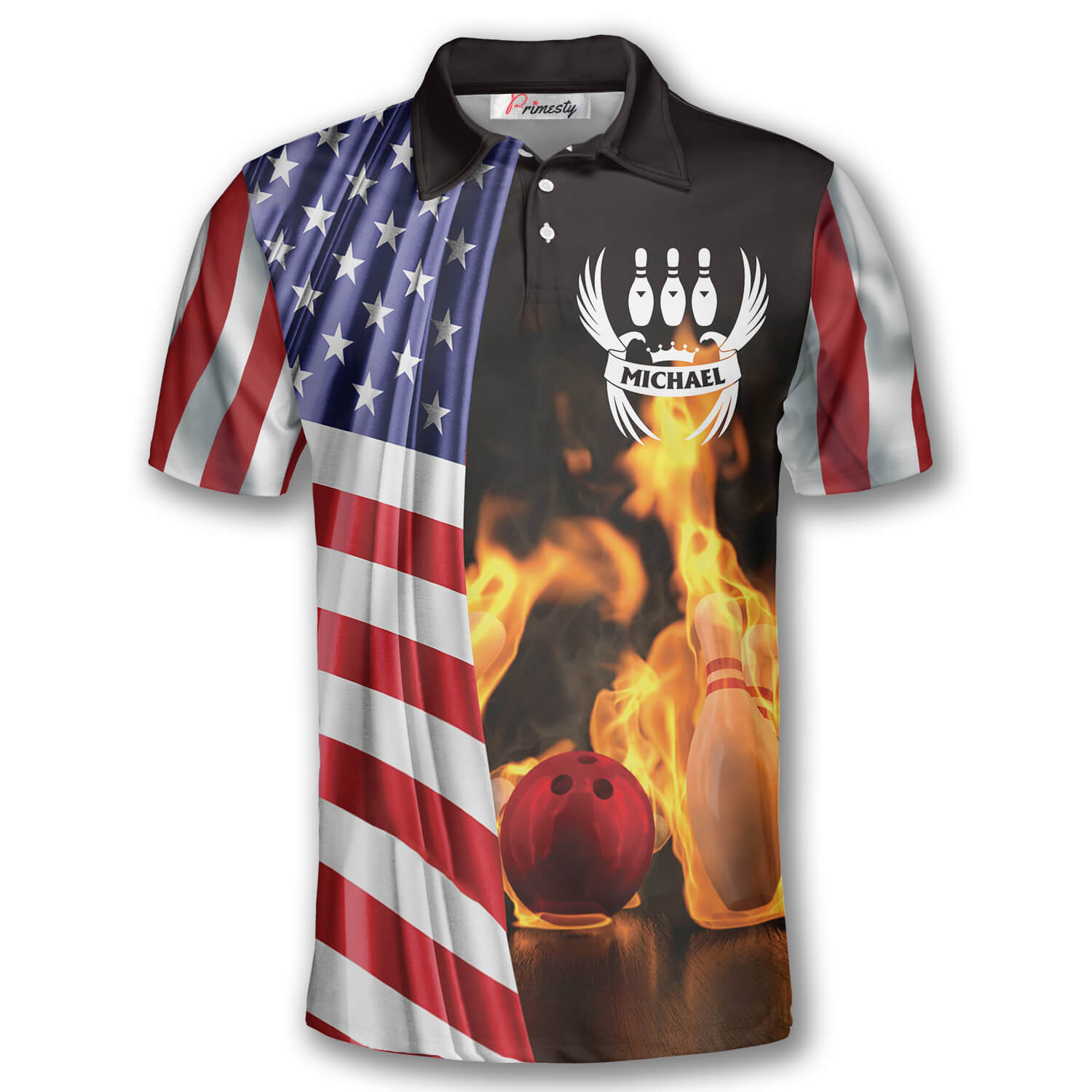 Bowling Fire Flame American Flag Custom Bowling Shirts for Men - Primesty
