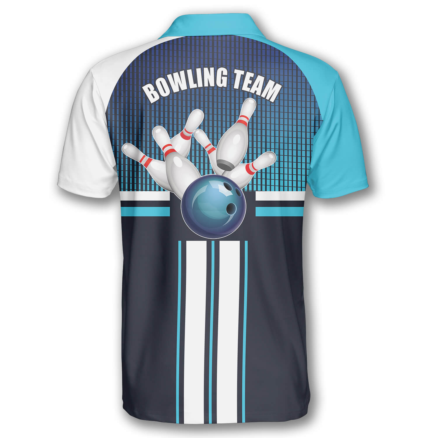 Personalized Bowling Strike Blue Version Custom Polo Shirt Mockup Back 