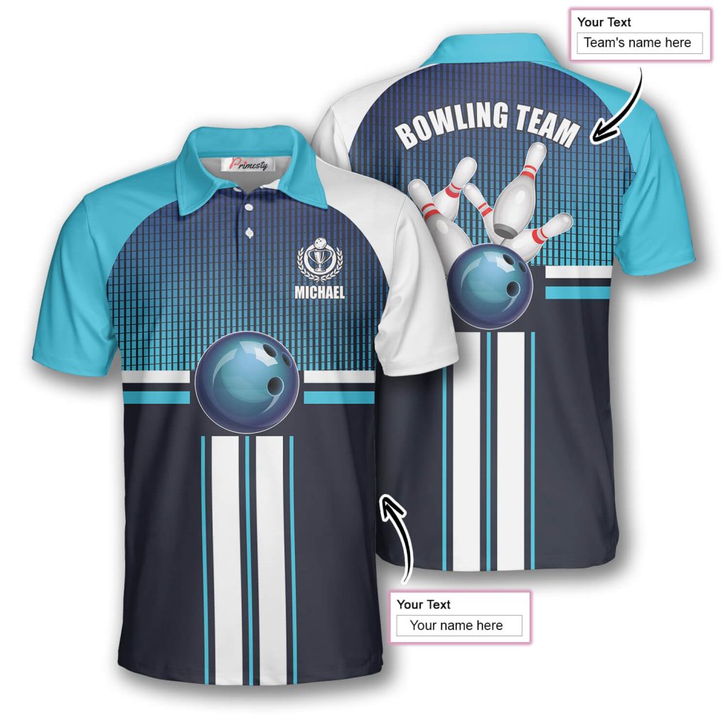 Bowling Ball Strike Light Blue Custom Bowling Shirts for Men Primesty