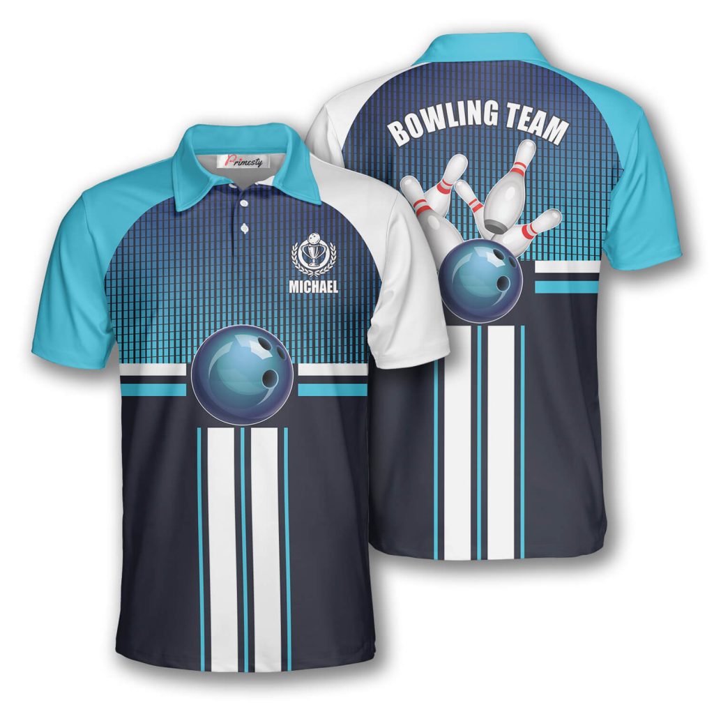 Bowling Ball Strike Light Blue Custom Bowling Shirts for Men - Primesty