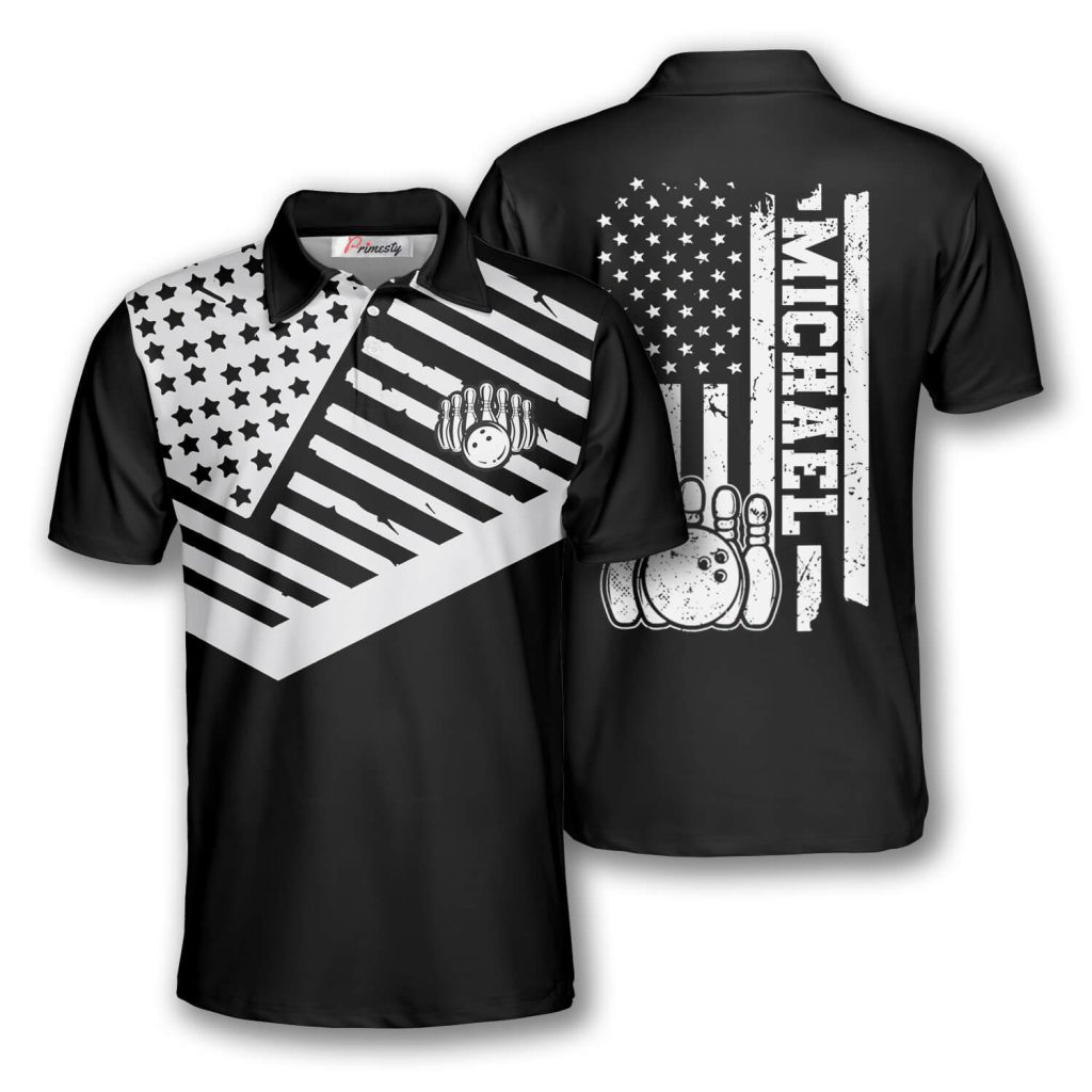 Bowling USA Flag Black Ground Custom Bowling Shirts for Men Primesty