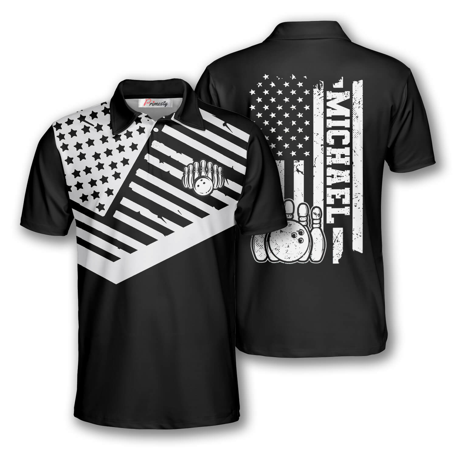 Bowling USA Flag Black Ground Custom Bowling Shirts for Men - Primesty