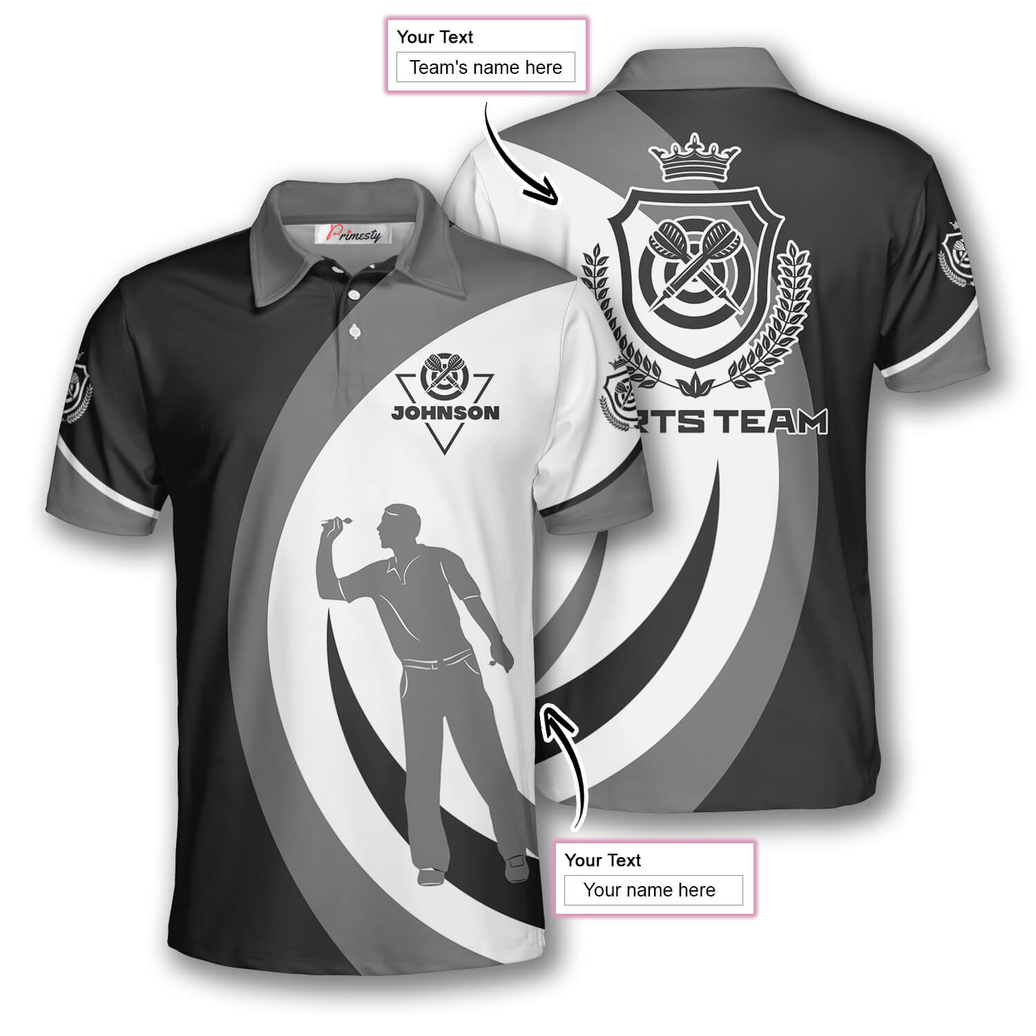 Darts Silhouette Black Grey Custom Polo Shirts for Men - Primesty