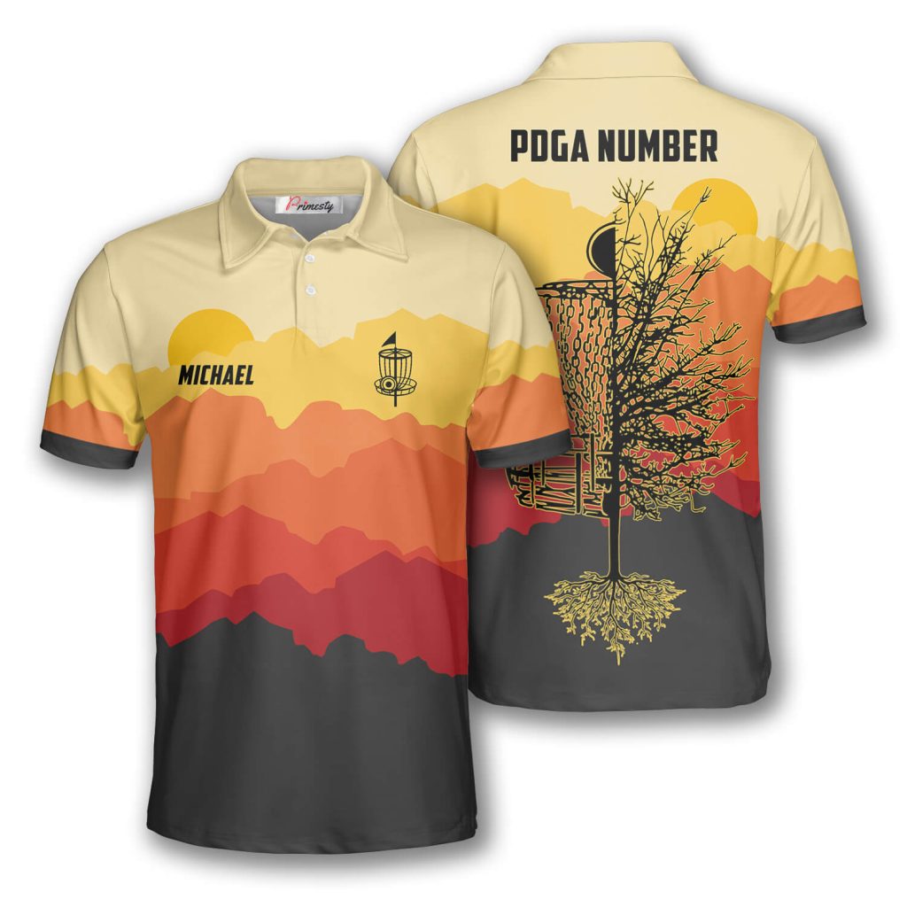 Disc Golf Basket Tree Sunset Custom Disc Golf Shirts for Men Primesty