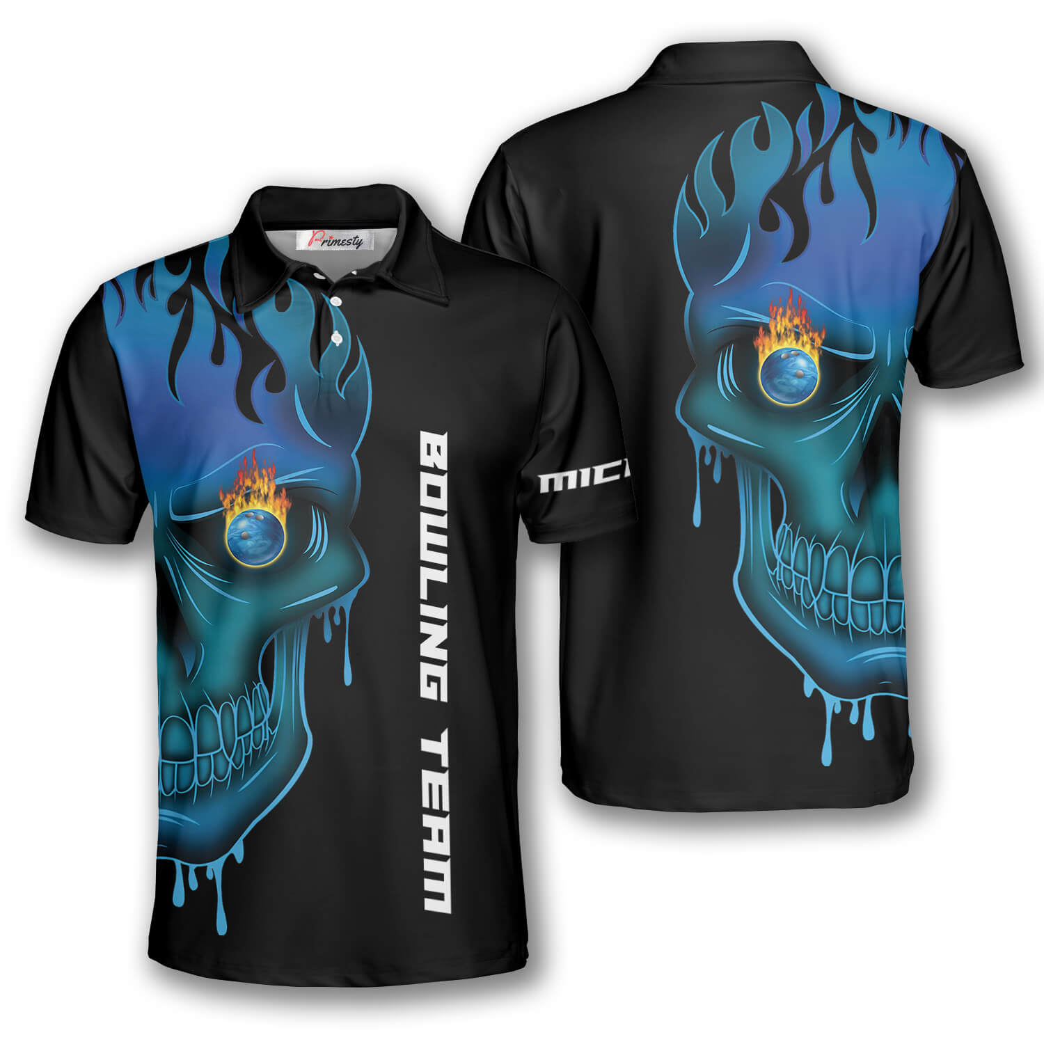 Bowling Skull Blue Flame Custom Bowling Shirts for Men - Primesty