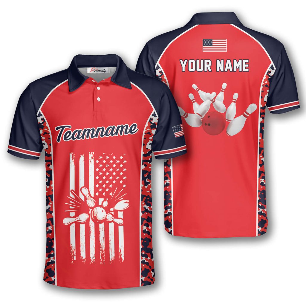 Bowling Strike Red Blue Camouflage Custom Bowling Shirts for Men - Primesty