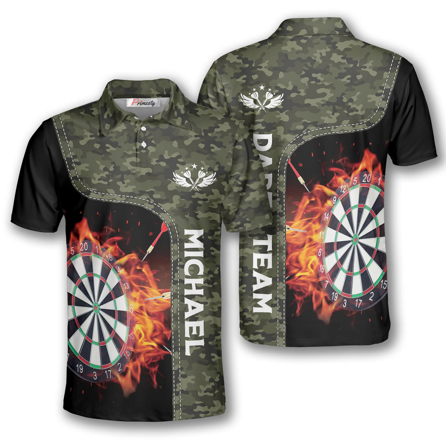 Camouflage Dart Board Fire Flame Custom Darts Shirts for Men - Primesty