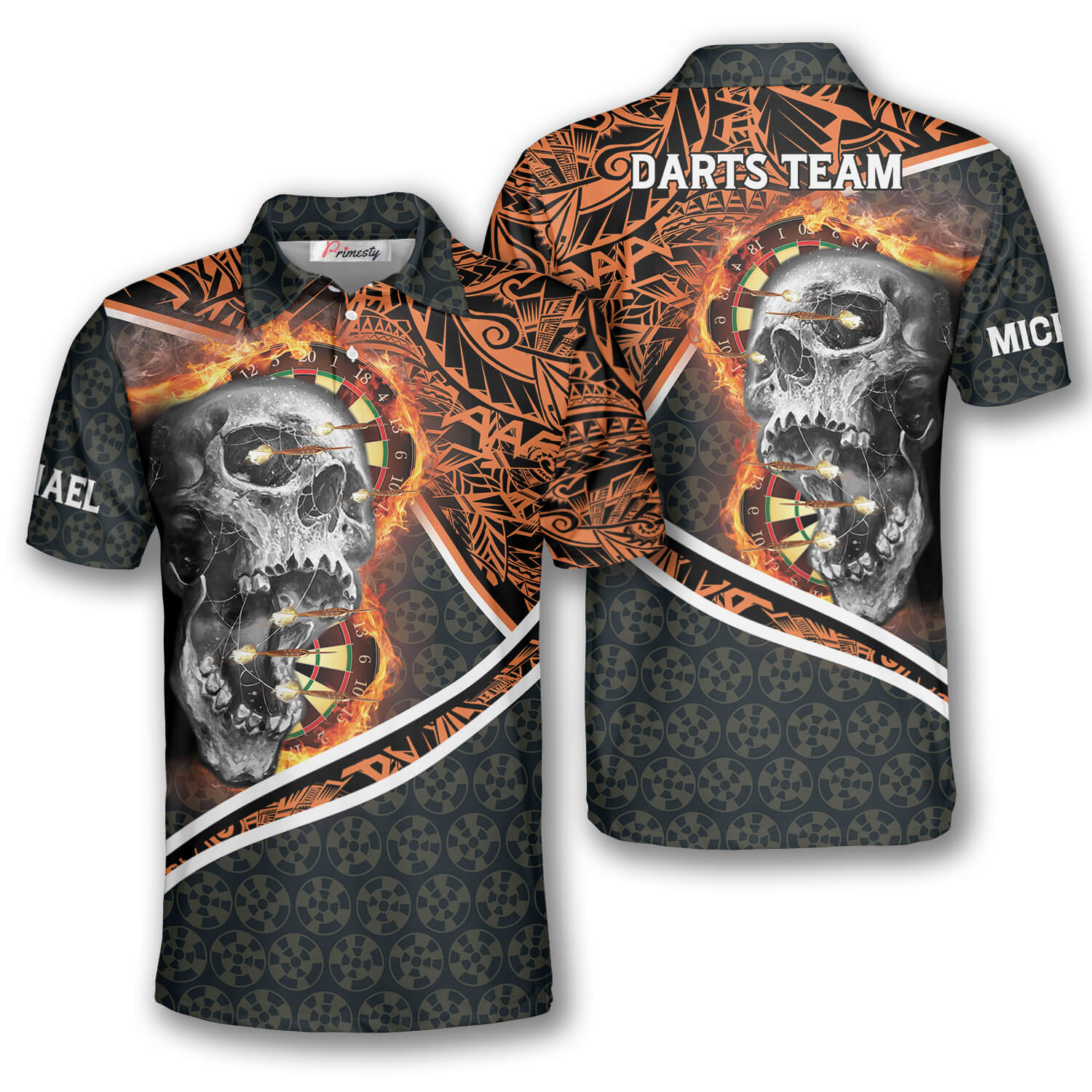 Orange Tribal Skull Custom Darts Shirts for Men - Primesty