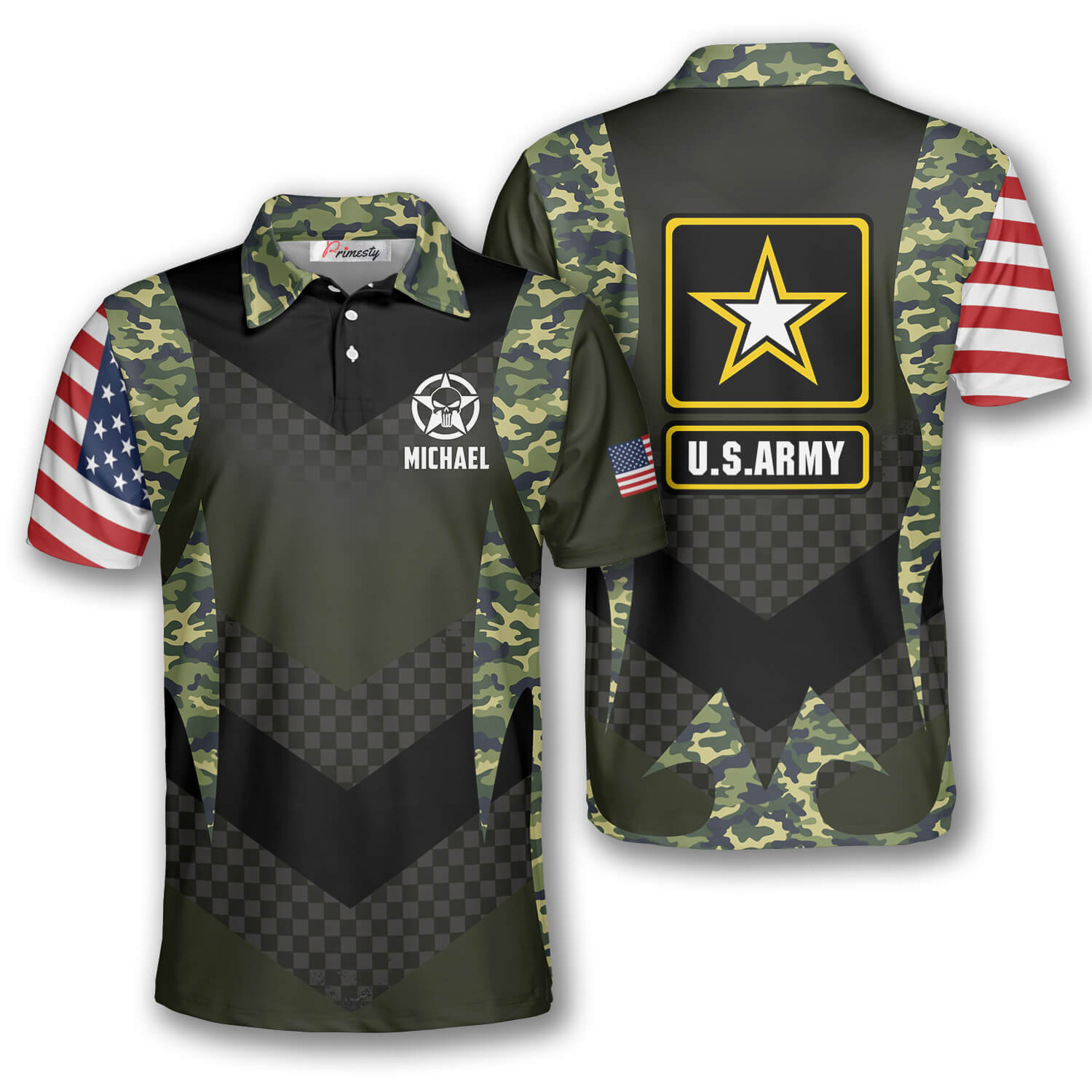 US Army Camouflage Flag Skull Logo Custom Veteran Shirts for Men - Primesty