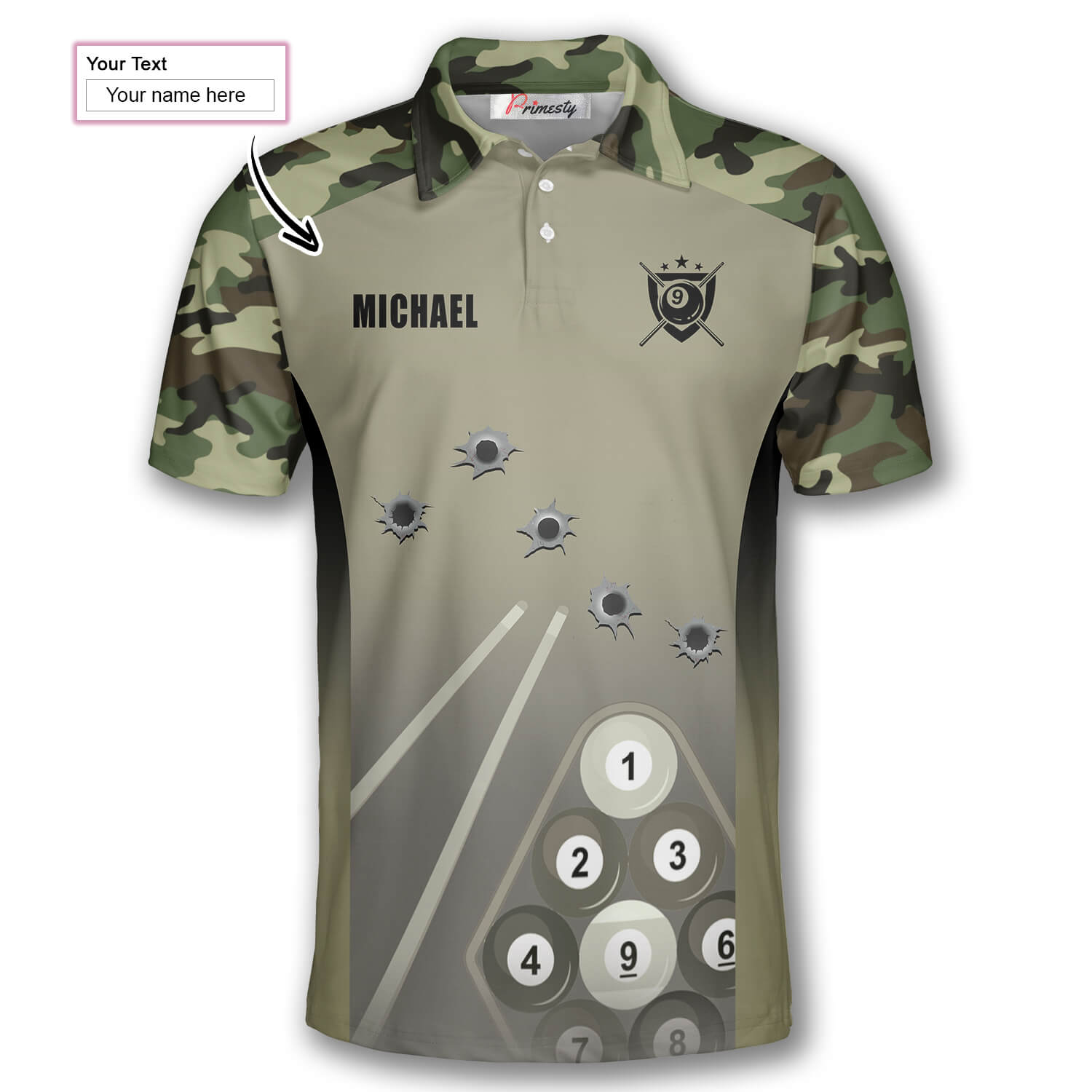 9 Ball Camouflage Gun Holes Custom Billiard Shirts for Men - Primesty