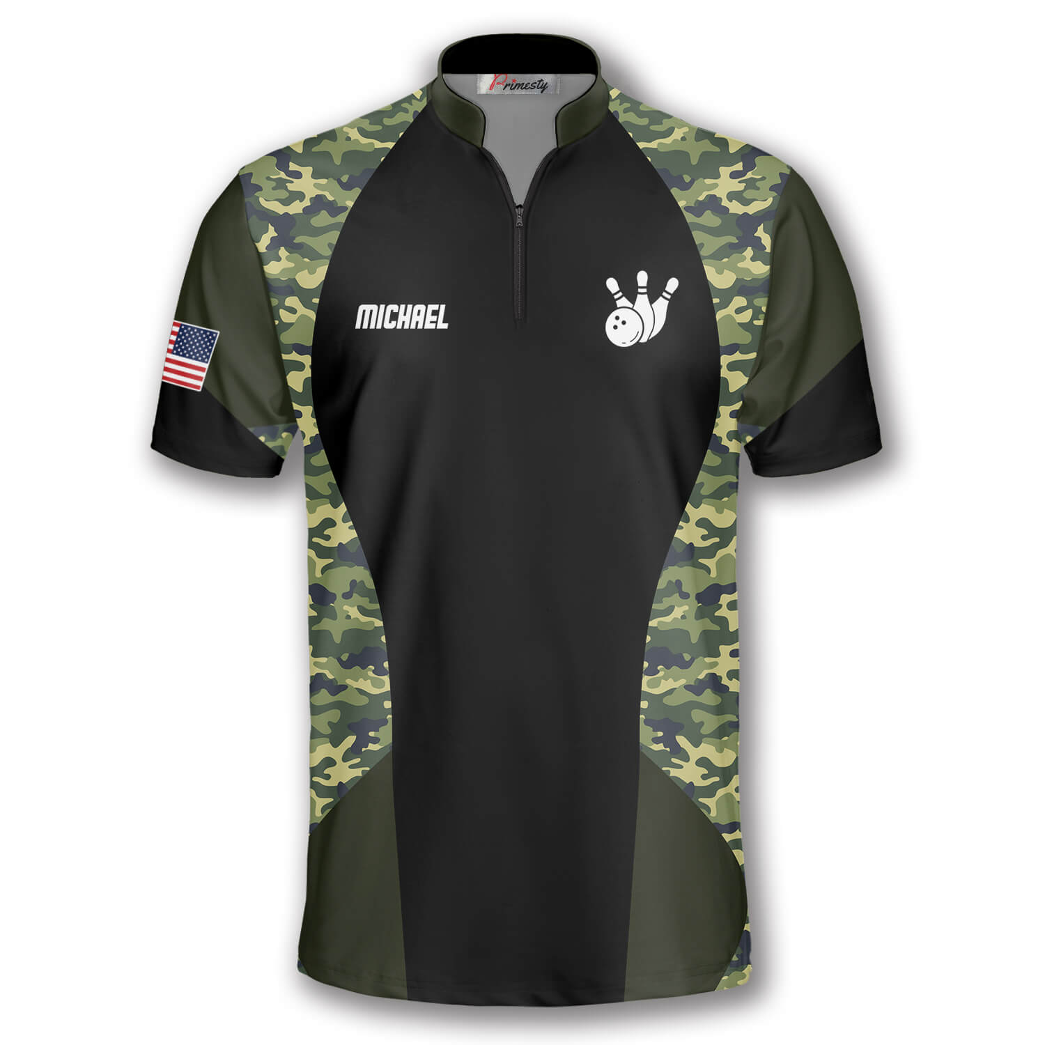 Red Grey Camo American Flag Custom Bowling Jersey Design | YoungSpeeds Polo Zip