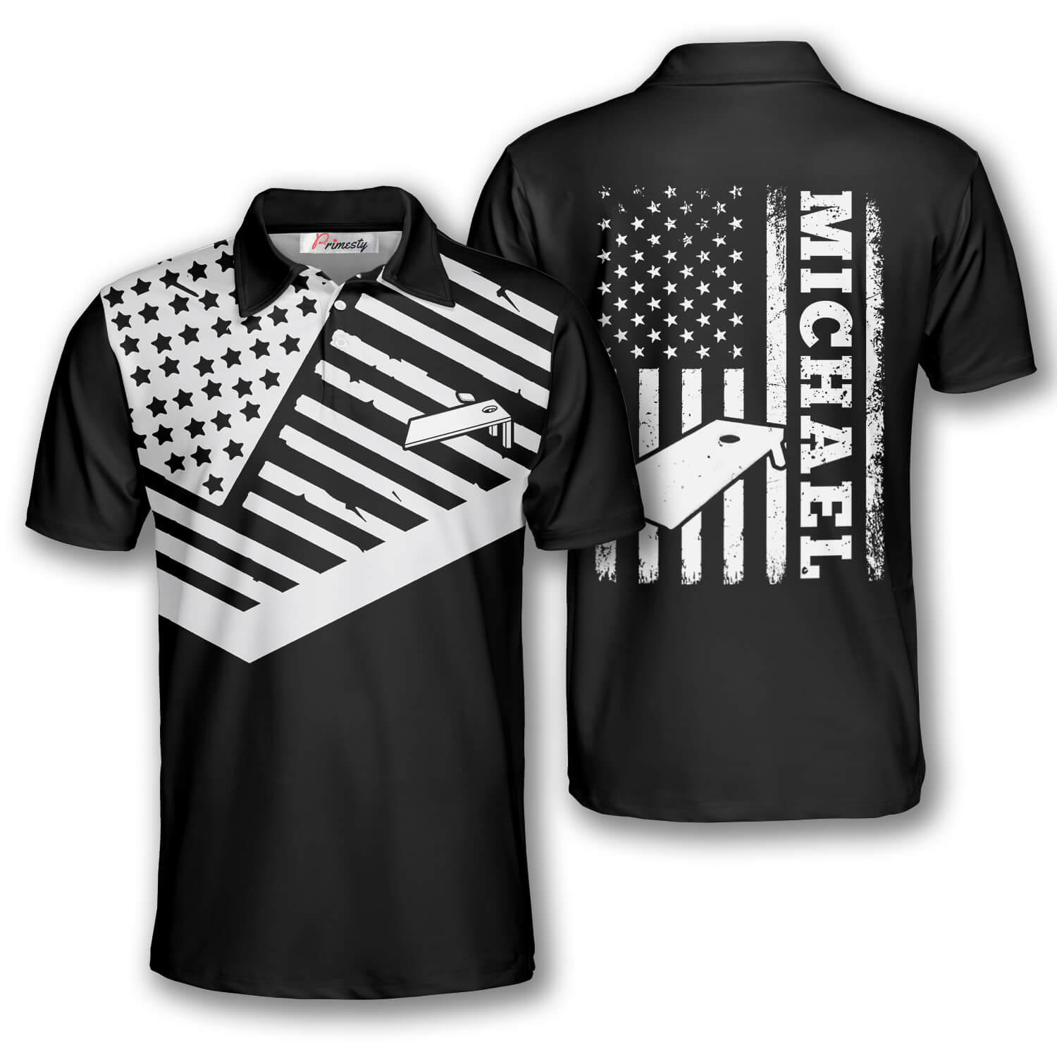 Black White American Flag Custom Cornhole Shirts for Men - Primesty