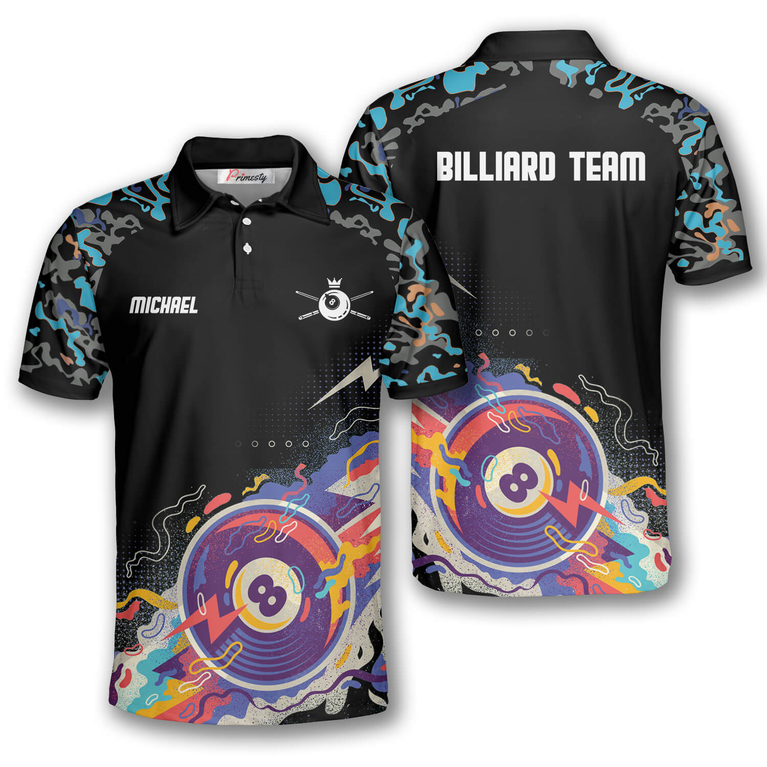 Ball 8 Black Blue Custom Billiard Shirts for Men - Primesty