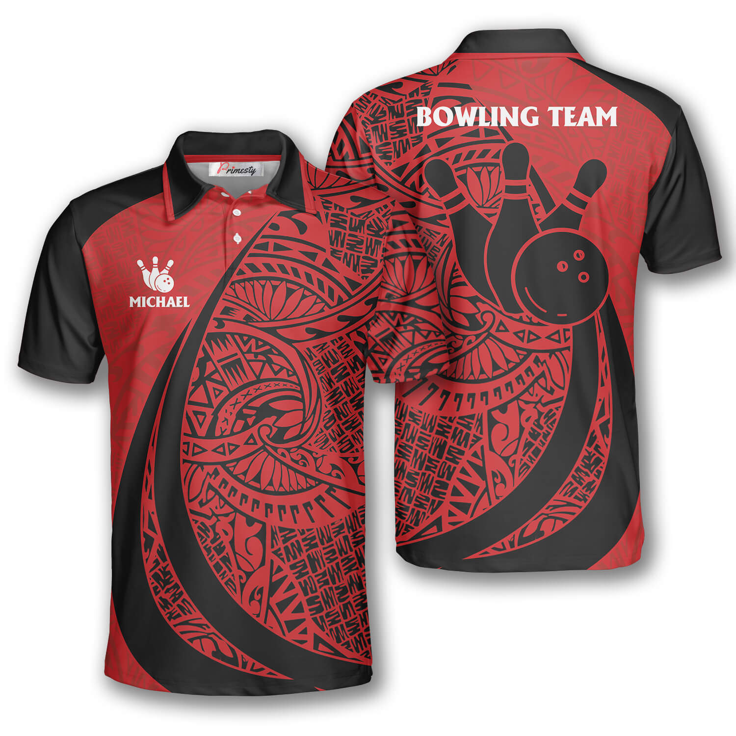 Red Tribal Tattoo Custom Bowling Polo Shirt for Men - Primesty