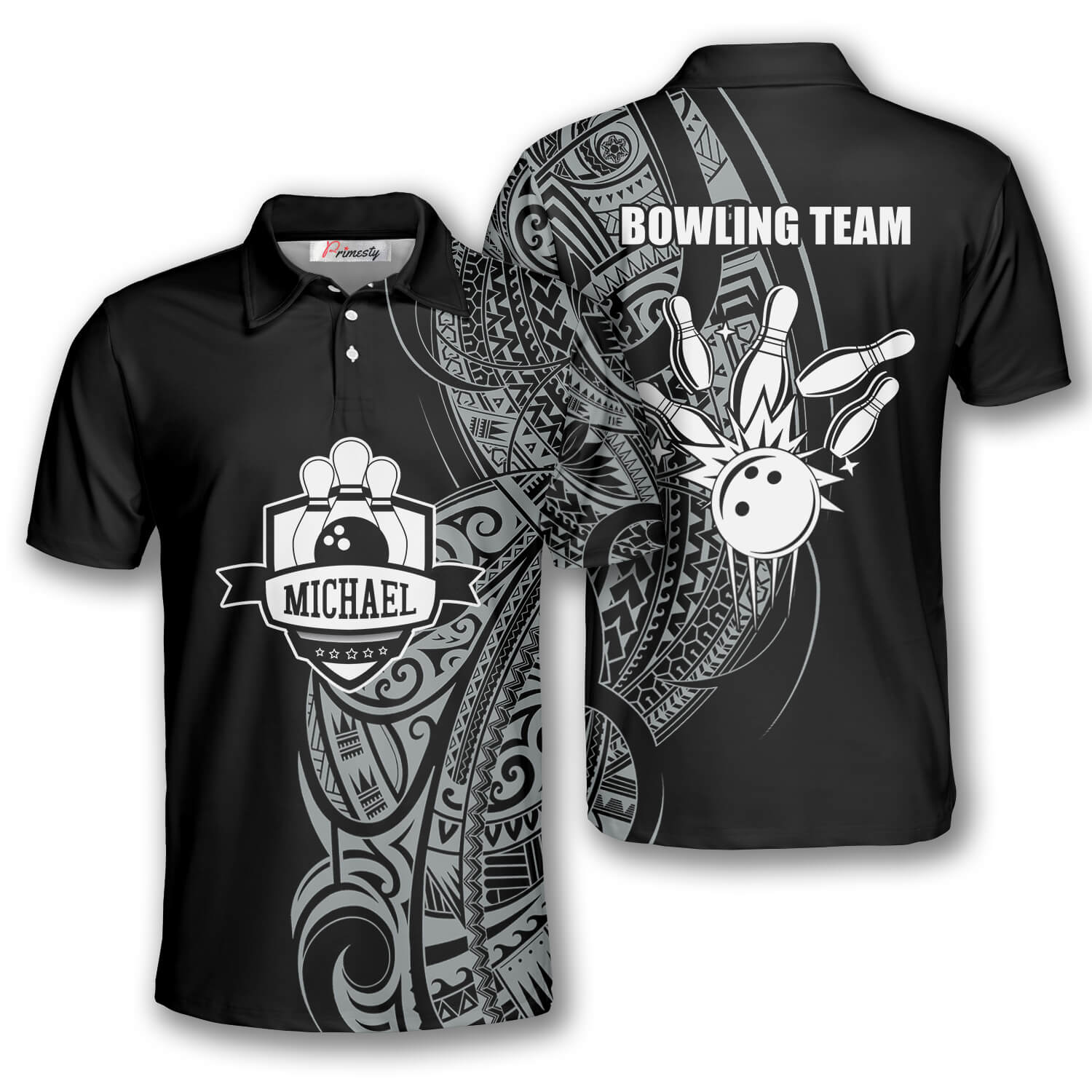 Shield Black White Tribal Tattoo Custom Bowling Polo Shirt for Men ...