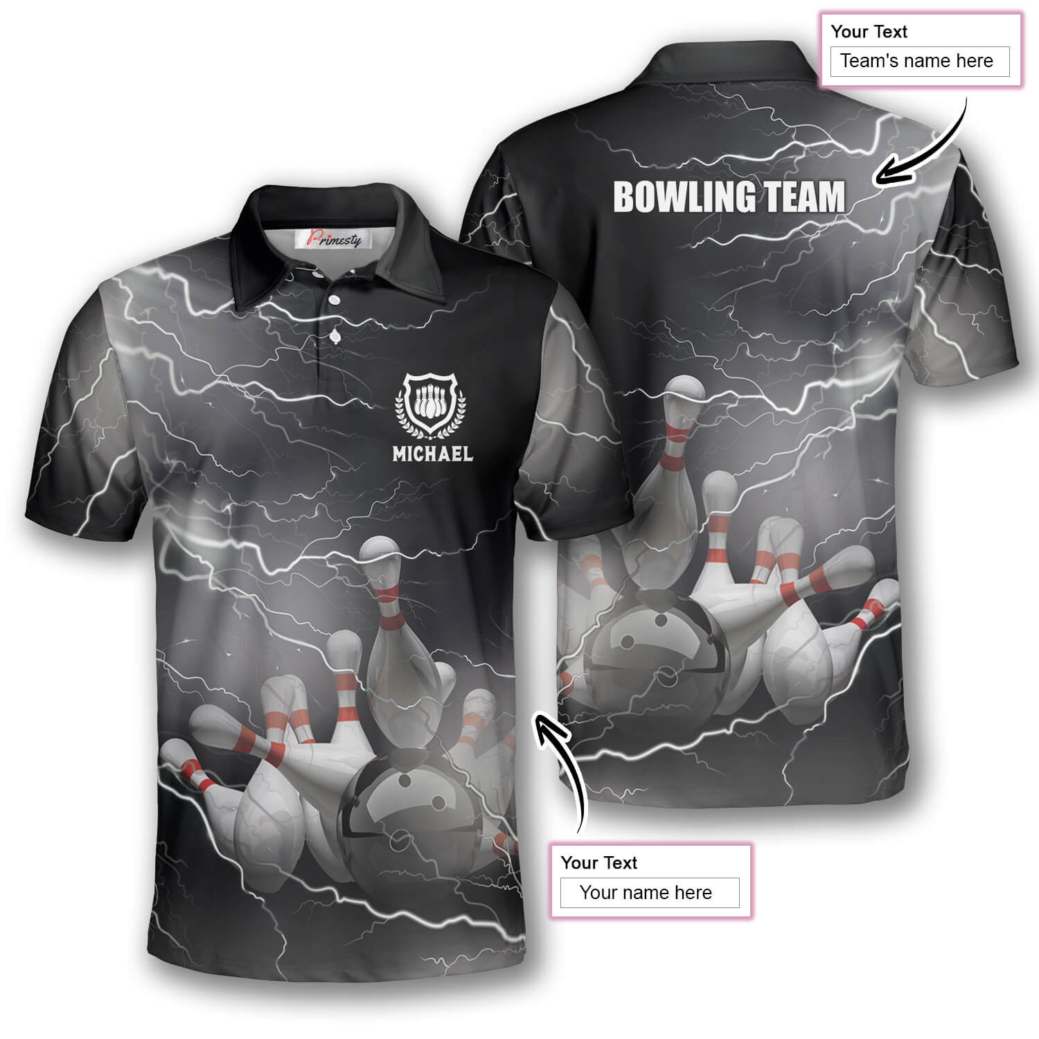Thunder Lightning Black Grey Custom Bowling Shirts for Men - Primesty