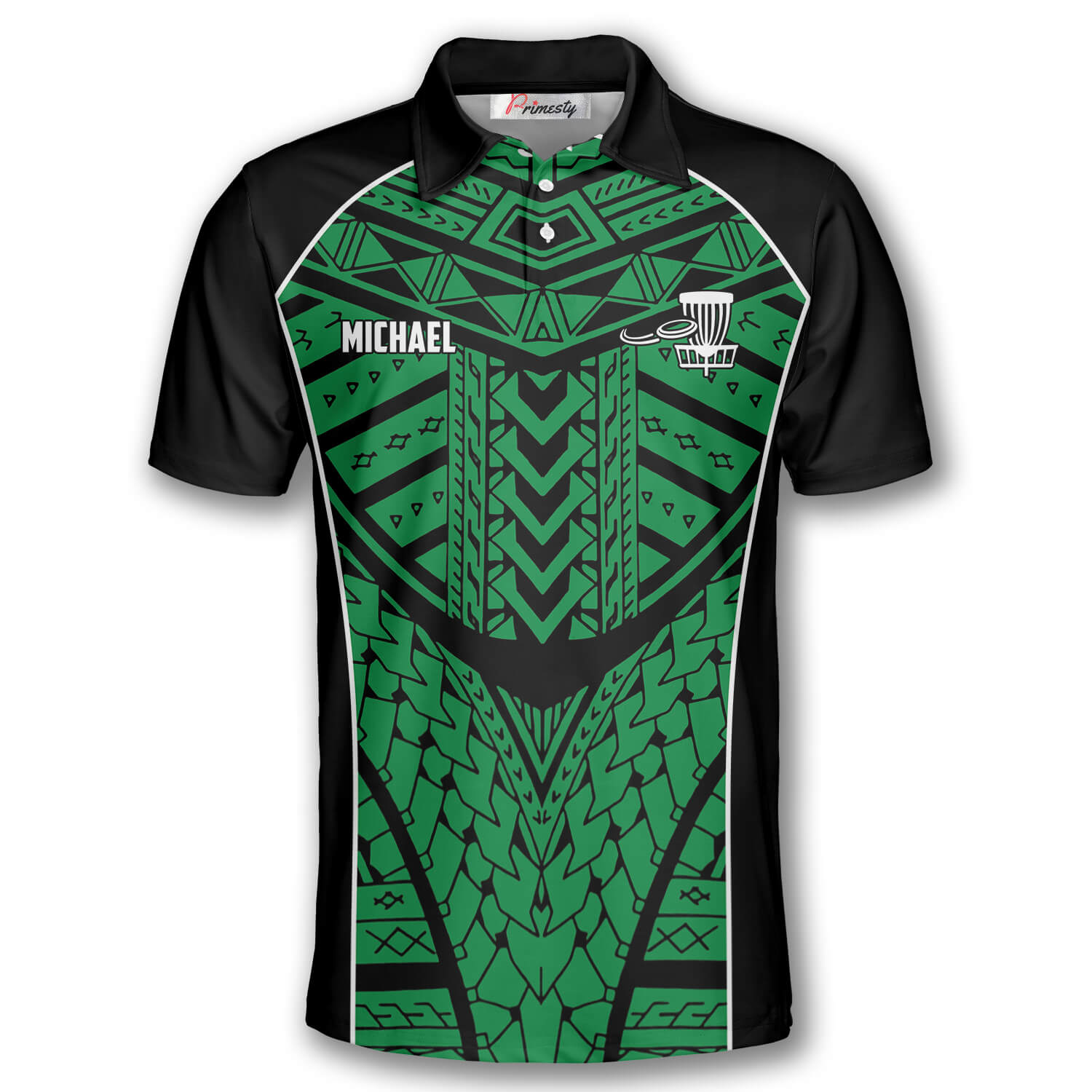 Green Tribal Pattern Custom Disc Golf Polo Shirts for Men - Primesty