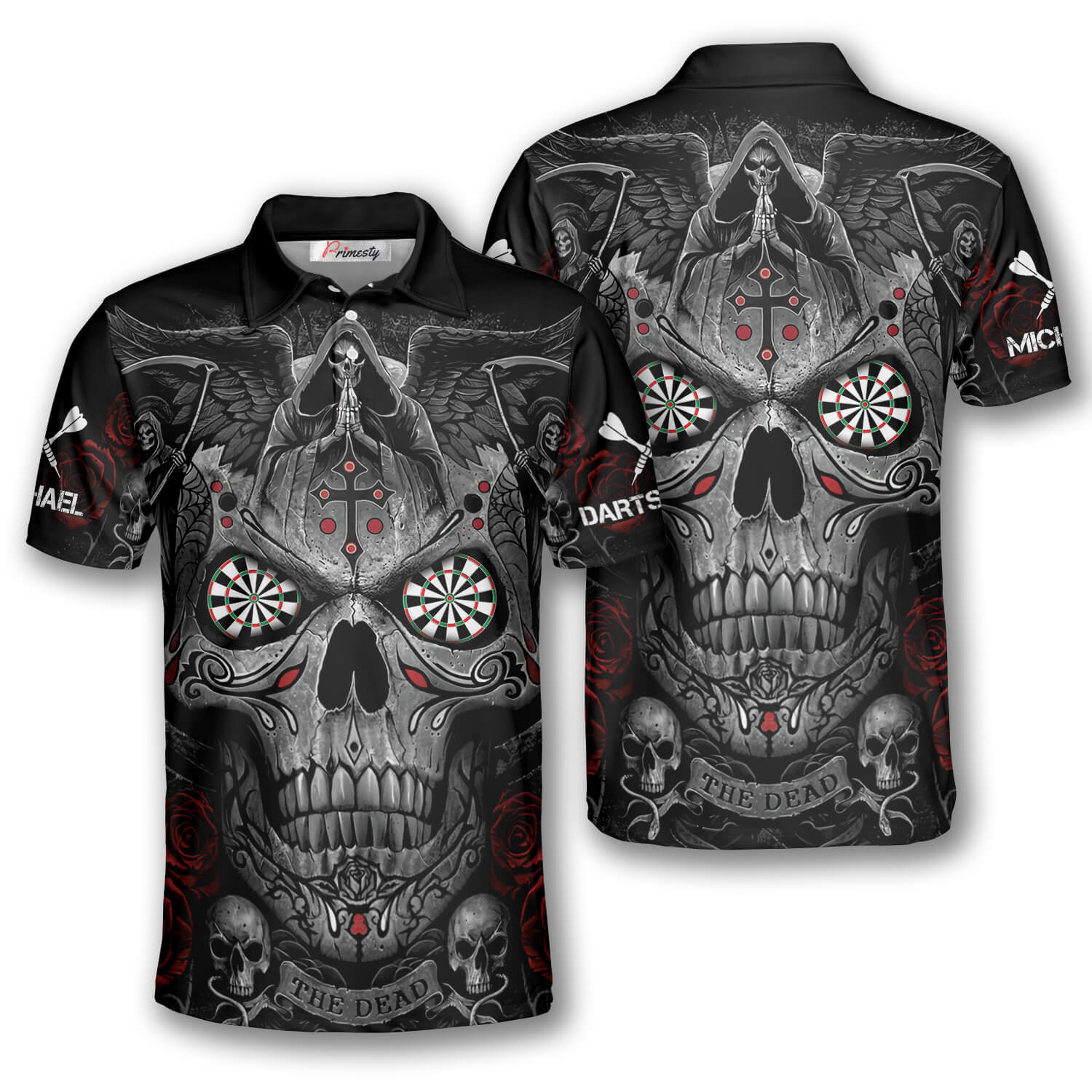 Grim Reaper Praying Cross Skull Custom Darts Shirts for Men - Primesty