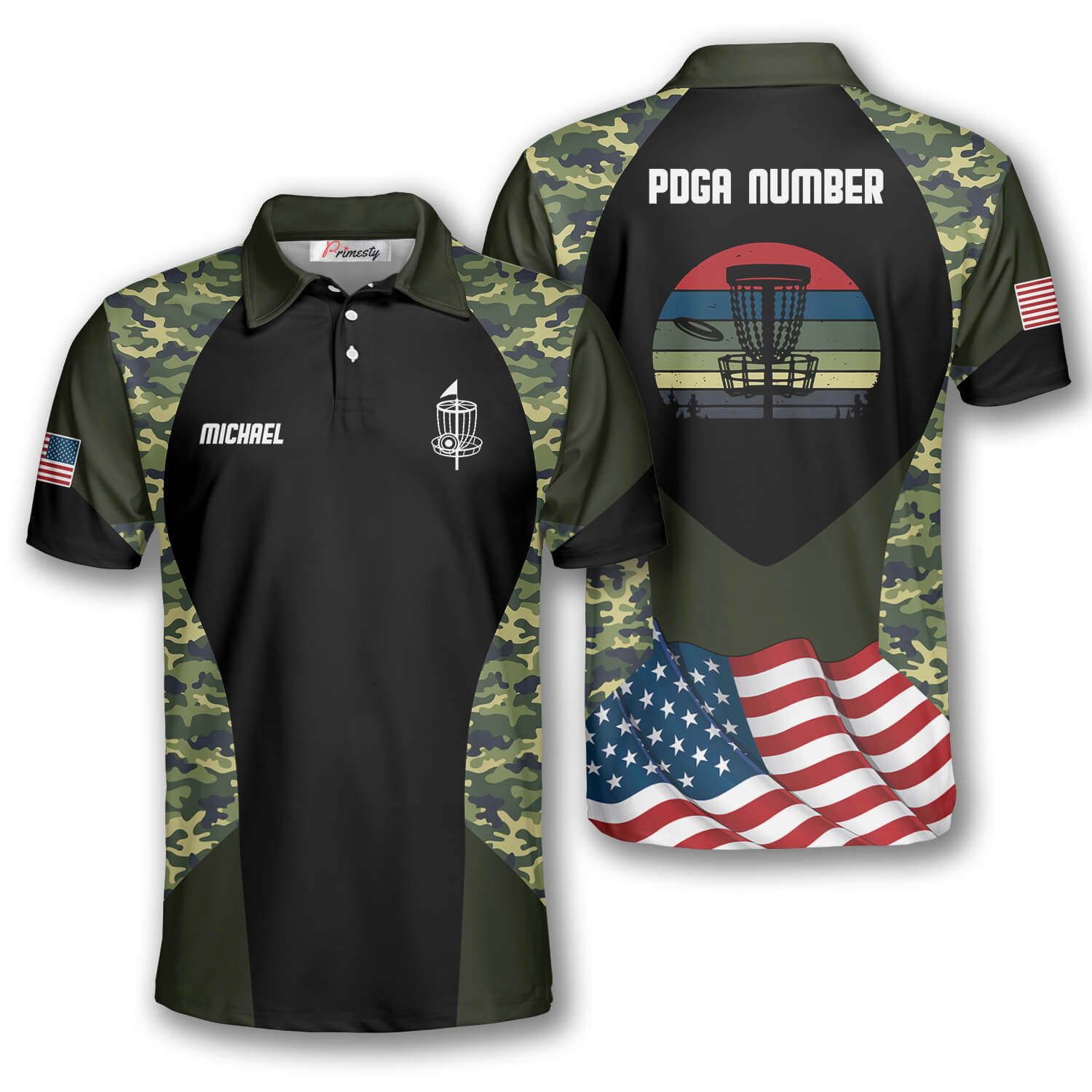 Waving Flag Camo Custom Disc Golf Polo Shirts for Men - Primesty