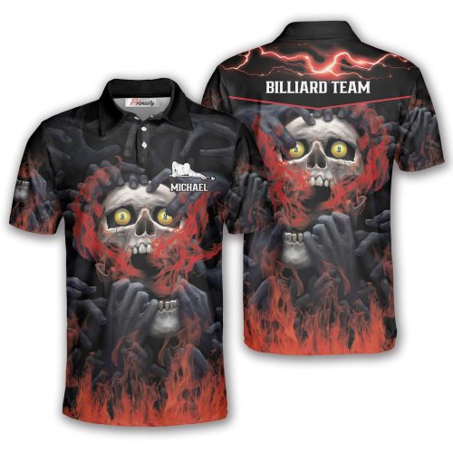 9 Ball Flamming Skull Custom Billiard Shirts for Men - Primesty