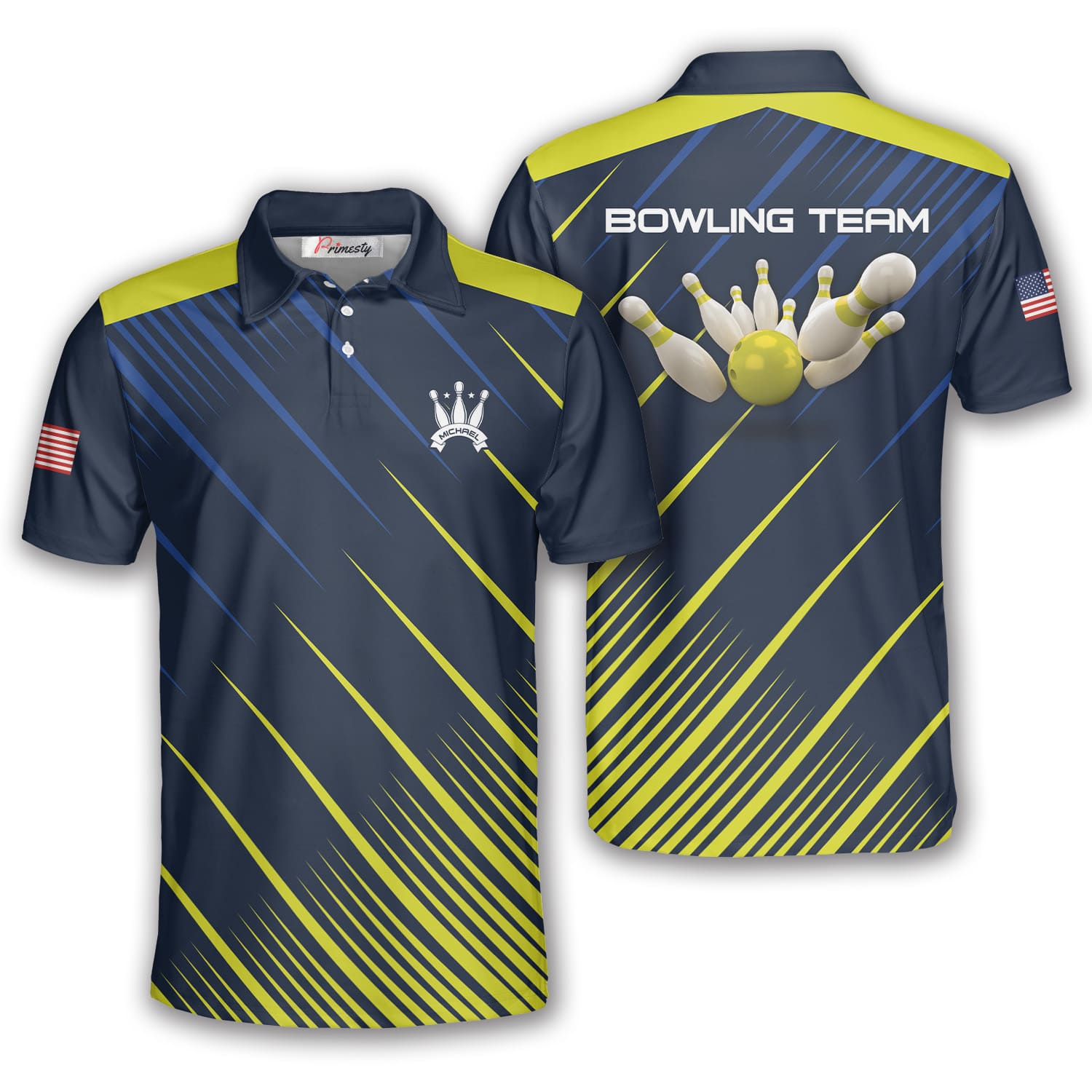 Basic Sporty Gold And Navy Custom Bowling Shirts For Men - Primesty