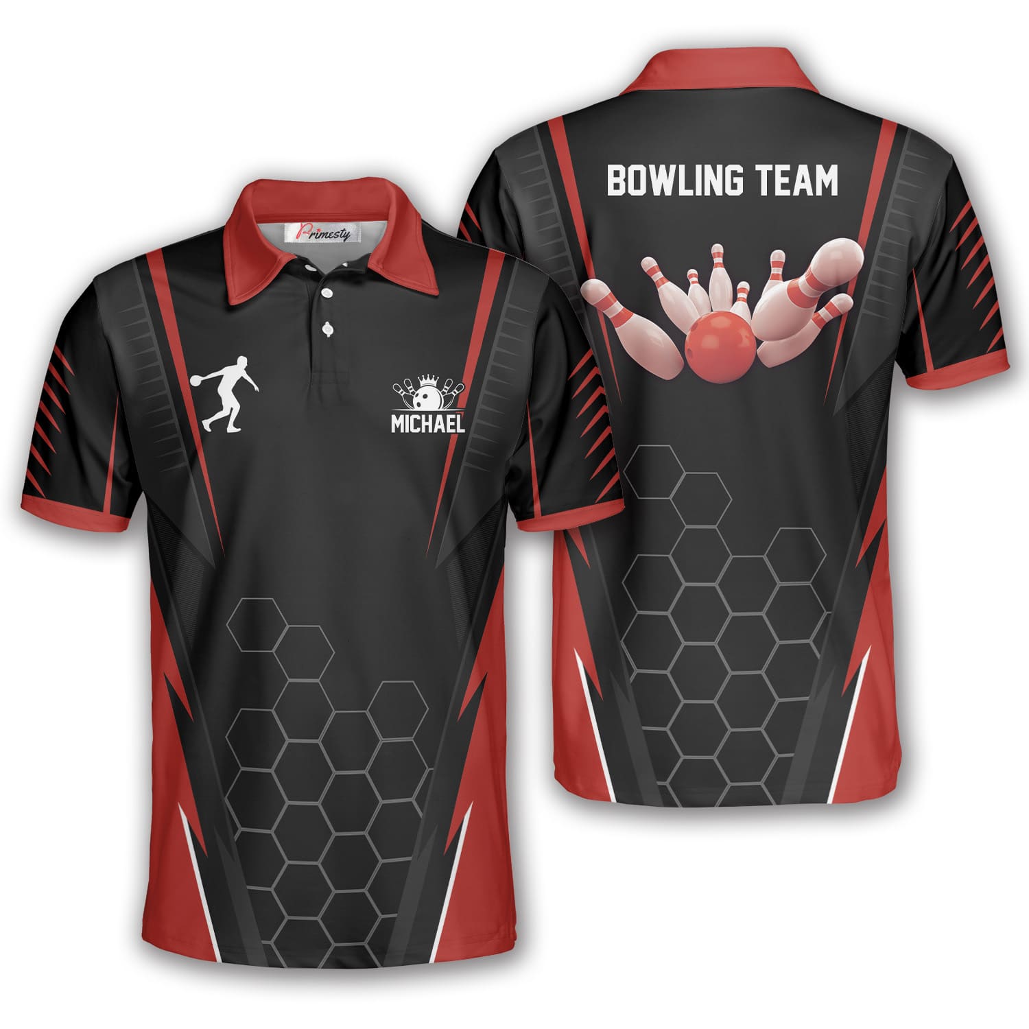 Sporty Black And Red Hive Pattern Custom Bowling Shirts For Men - Primesty